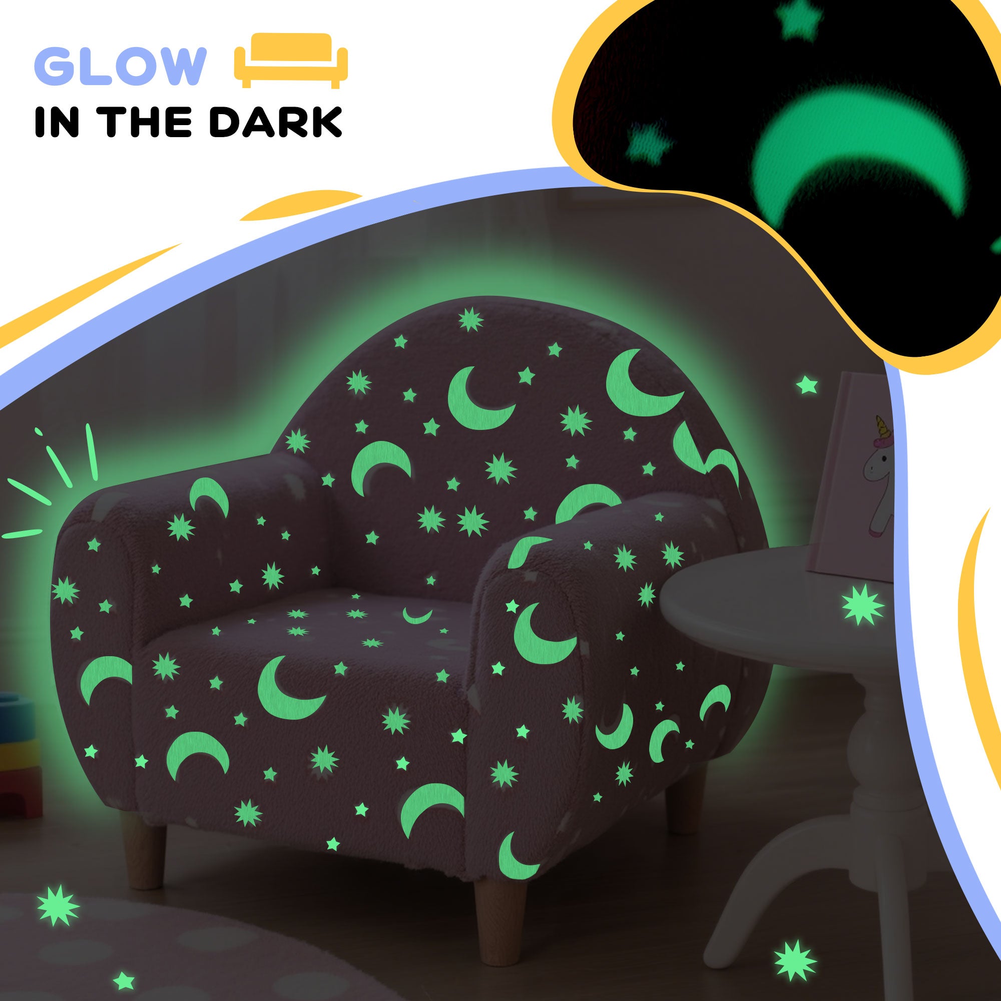 AIYAPLAY Kids Armchair, Glow in the Dark Chair with Star Design for Bedroom, Playroom, Kids Room, Pink