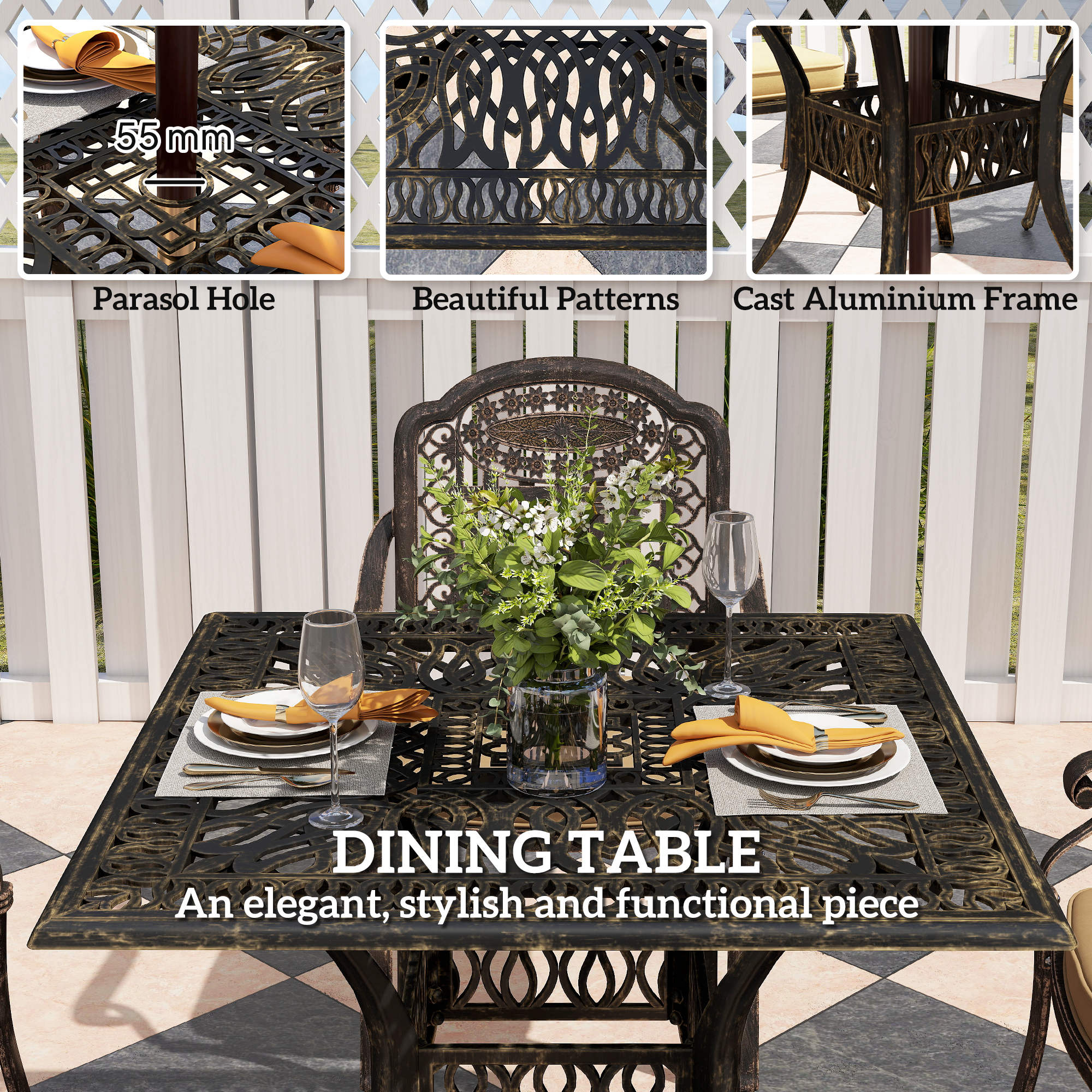 Five-Piece Cast Aluminium Garden Dining Set - Bronze Tone