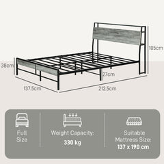 Double Steel Bed Frame, with LED Lights and Headboard Shelf - Grey
