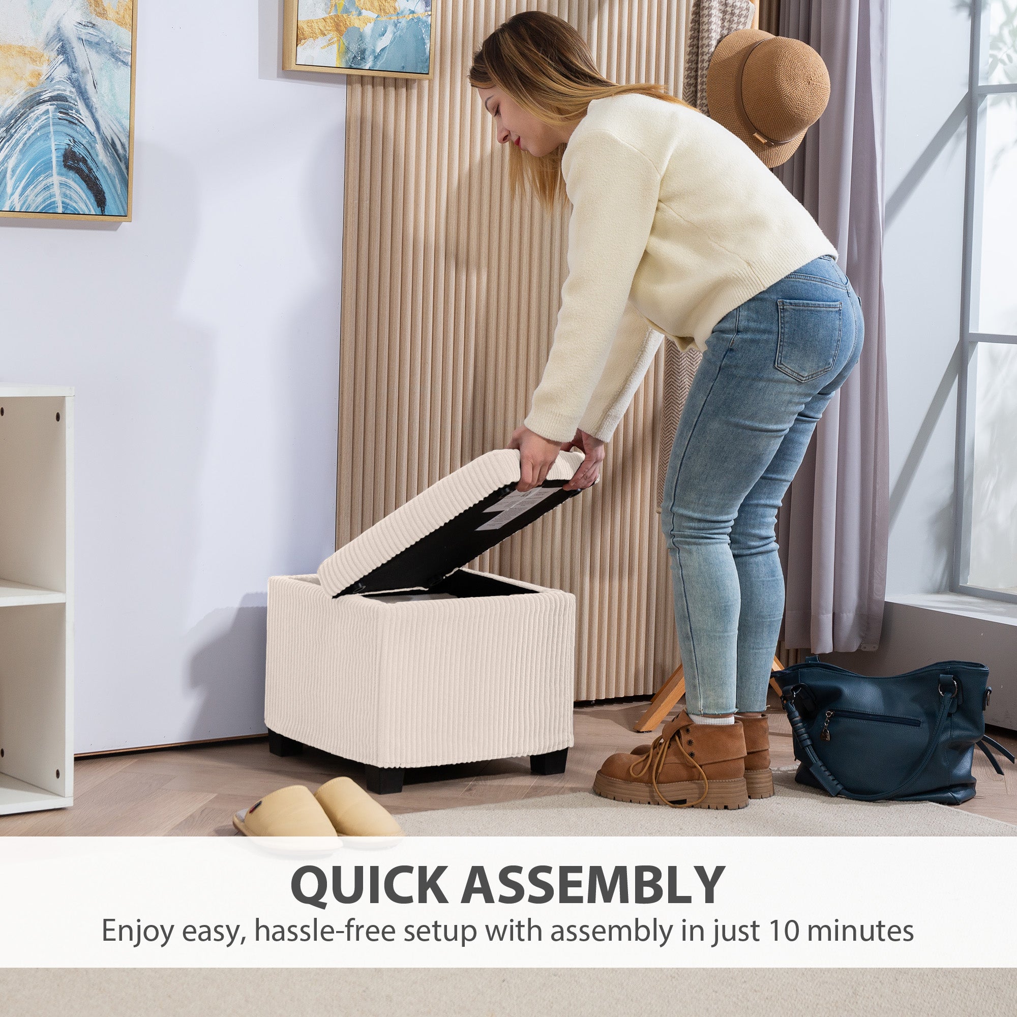 Storage Ottoman Bench, Corduroy Footstool with Removable Lid and Legs, 40cm Storage Chest Box for Living Room, Bedroom, Hallway, Beige