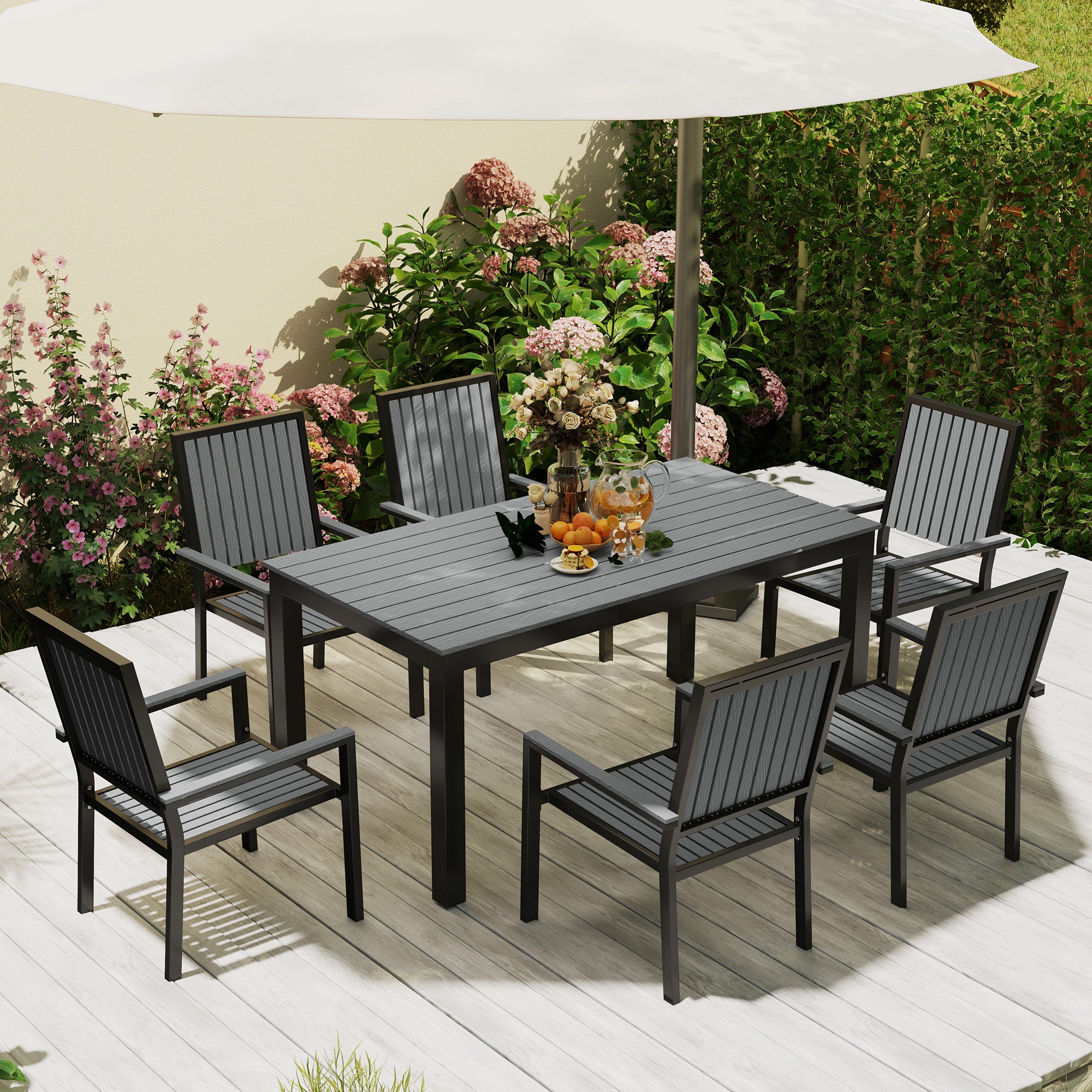 6 Seater Garden Dining Set with Stackable Chairs, Aluminium Frame, Rectangular Plastic Top, Garden Furniture Set, Outdoor Dining Table and Chairs for Patio, Balcony, Poolside, Grey