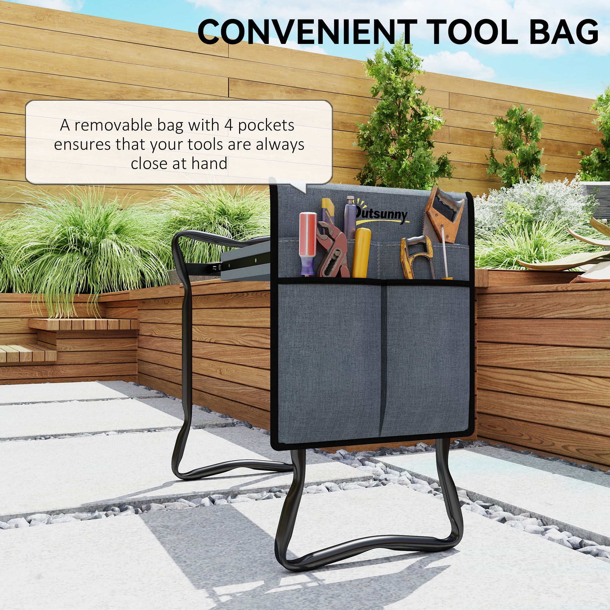 Steel Frame Padded Garden Kneeler, with Tool Bag - Grey