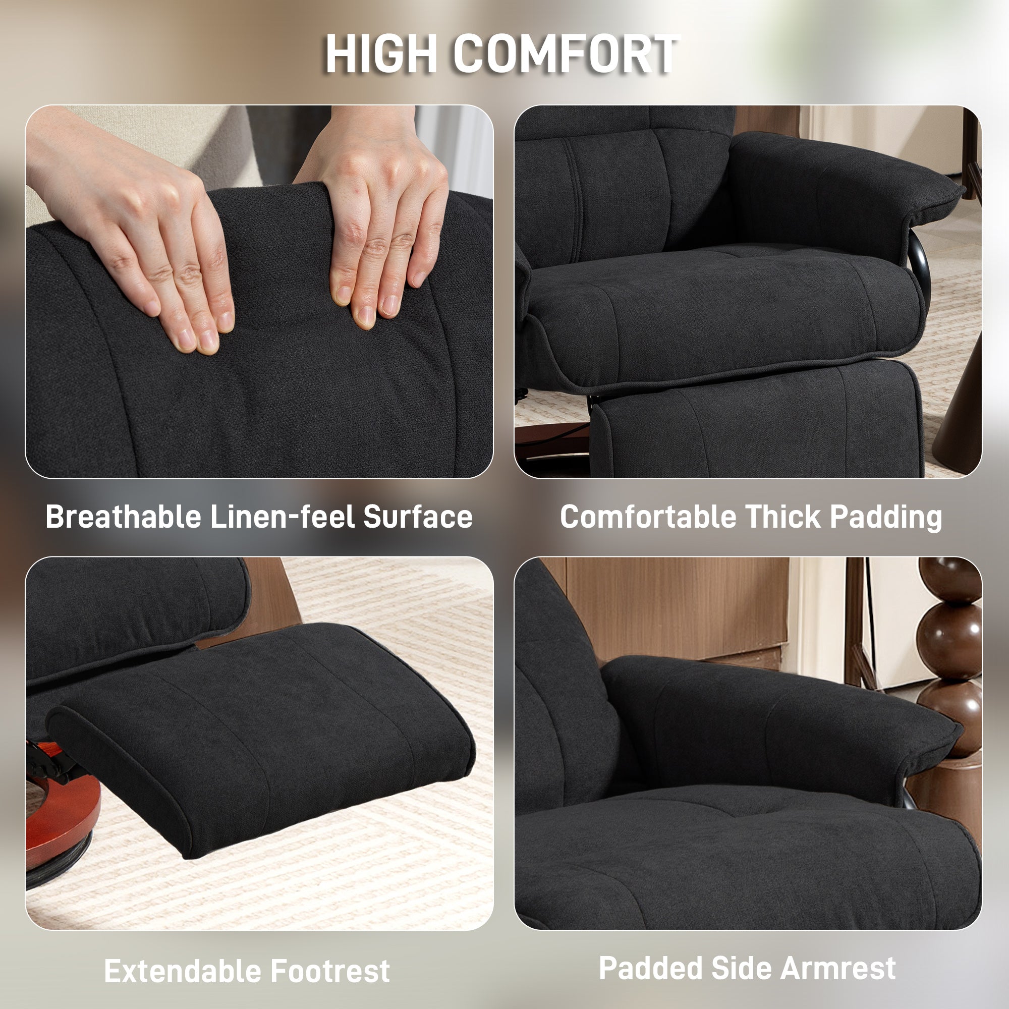 Fynco - Reclining Swivel Chair, with Footrest - Black