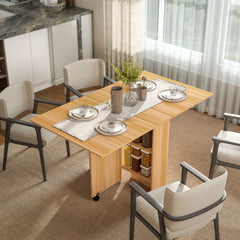 Fynco - Folding Dining Table, Drop Leaf Table for Small Spaces, Foldable Rectangular Tabletop with Storage Shelves for Kitchen, Dining Room, Teak