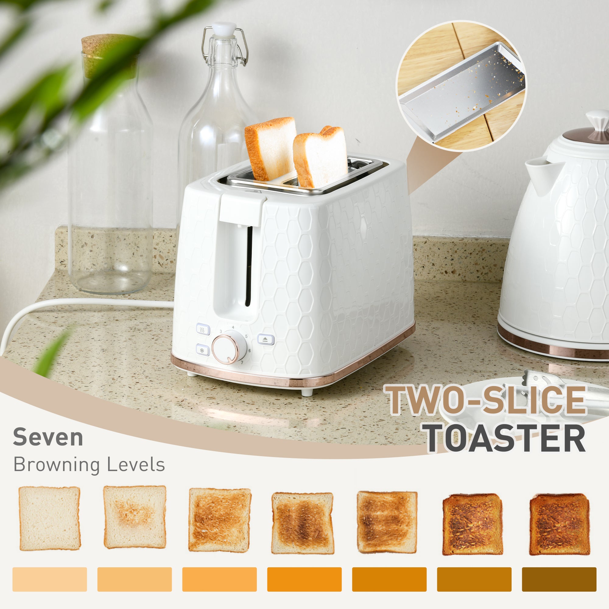 1.7L 3000W Fast Boil Kettle & 2 Slice Toaster Set, Kettle and Toaster Set with Auto Shut Off, Browning Controls, White