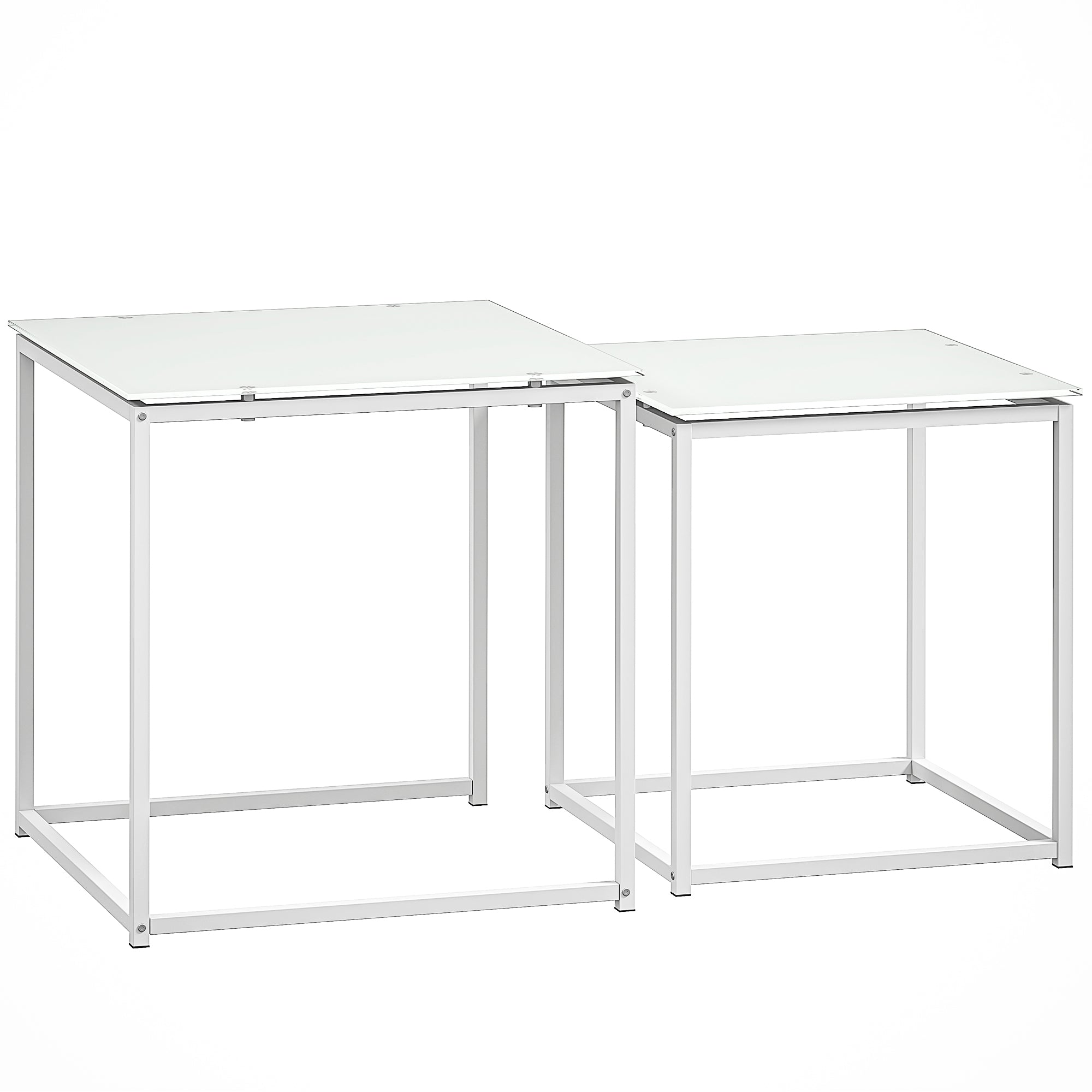 Nest of Tables, Set of 2 Coffee Table, Side Tables with Tempered Glass Desktop and Metal Frame for Living Room, Bedroom, Office, White