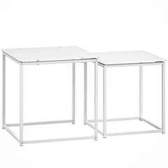 Nest of Tables, Set of 2 Coffee Table, Side Tables with Tempered Glass Desktop and Metal Frame for Living Room, Bedroom, Office, White