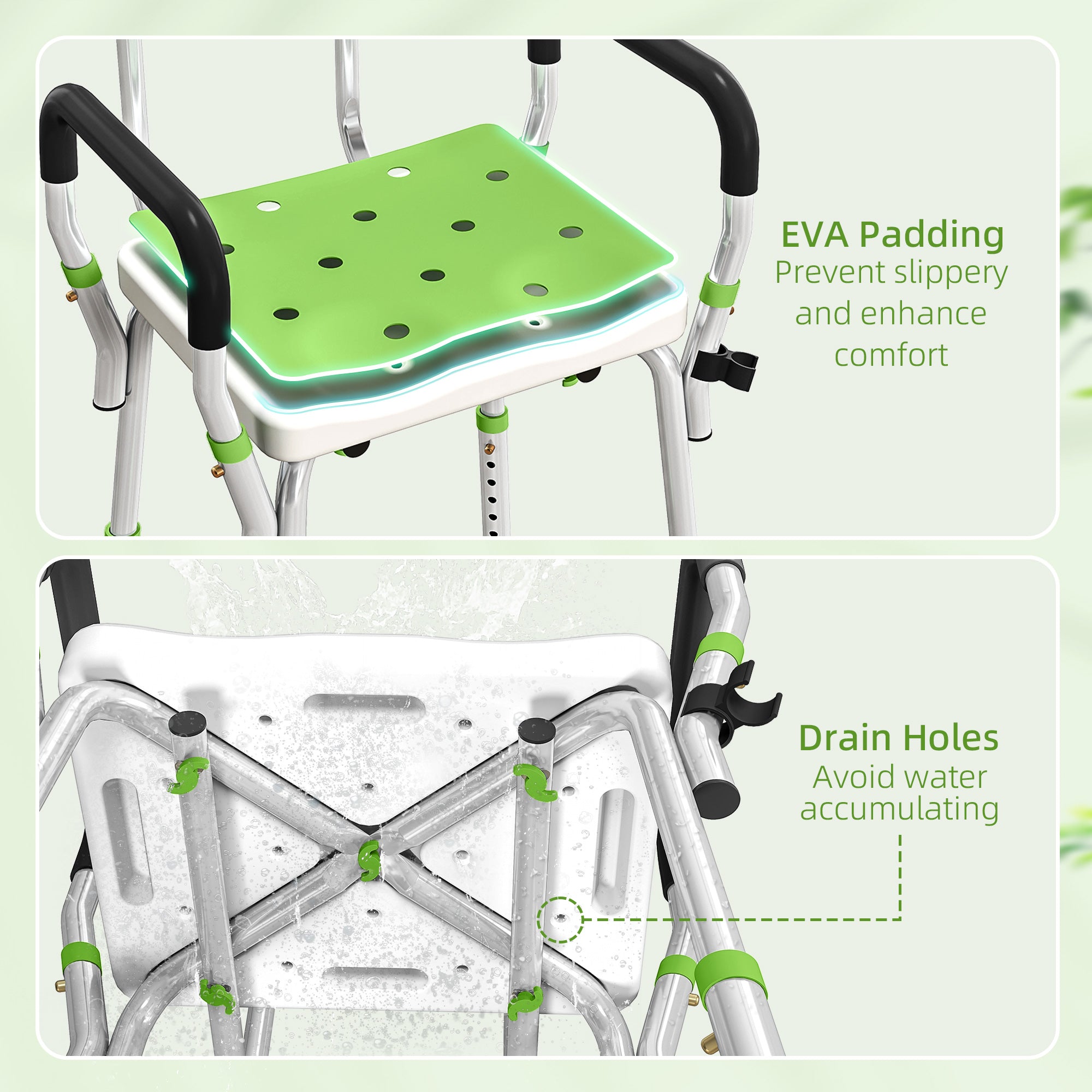 Fynco - EVA Padded Shower Chair for the Elderly and Disabled, Height Adjustable Shower Stool with Back and Arms, 4 Suction Foot Pads, Green