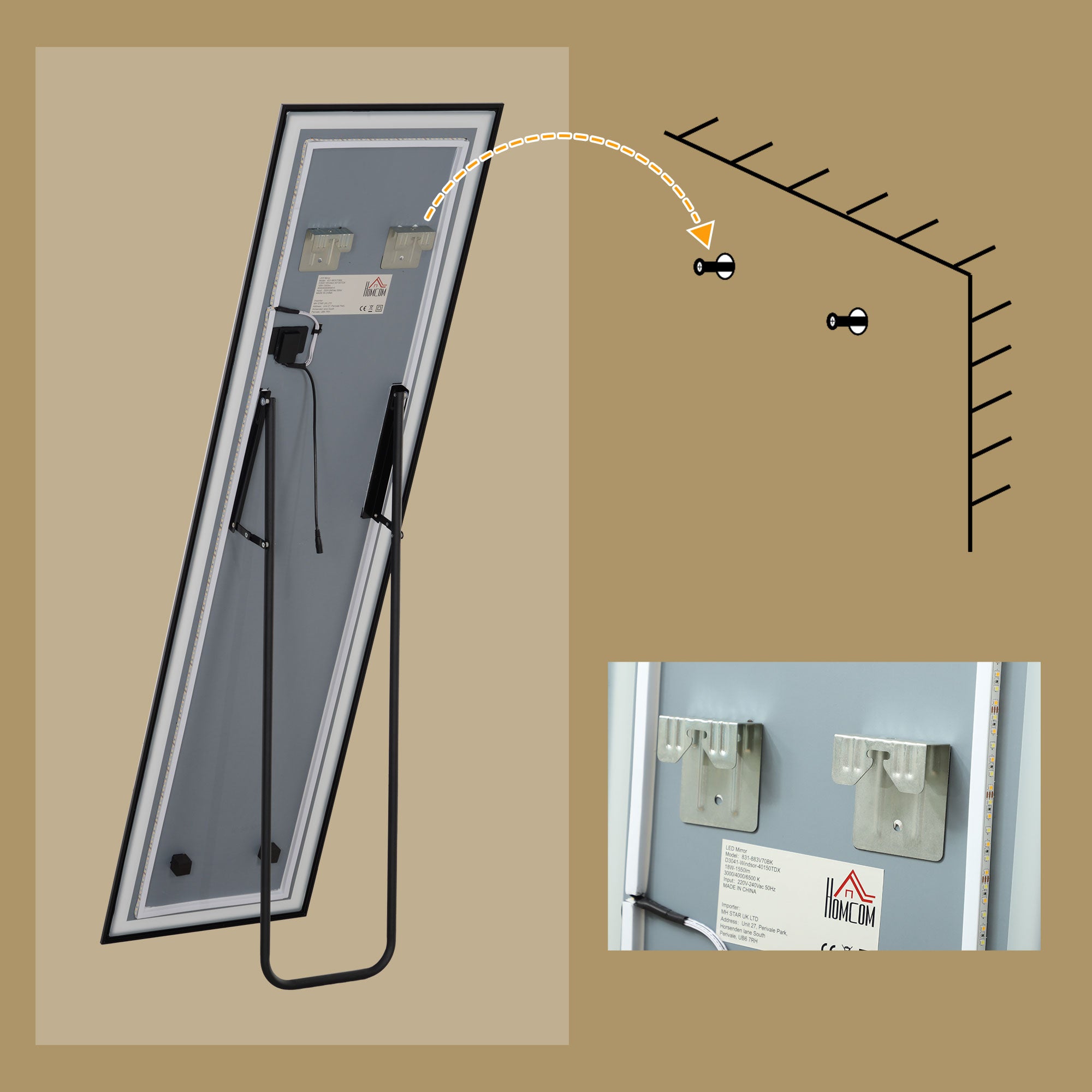 150 x 40cm Full Length Mirror, with Adjustable Lights - Black