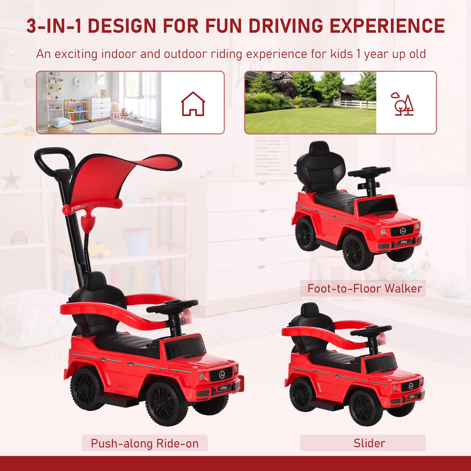 3 in 1 Kids Children Ride on Push Car Toddler Sliding Car G350 Licensed Walker Foot to Floor Slider Push-Along with Horn Steering Wheel NO POWER Manual, Red