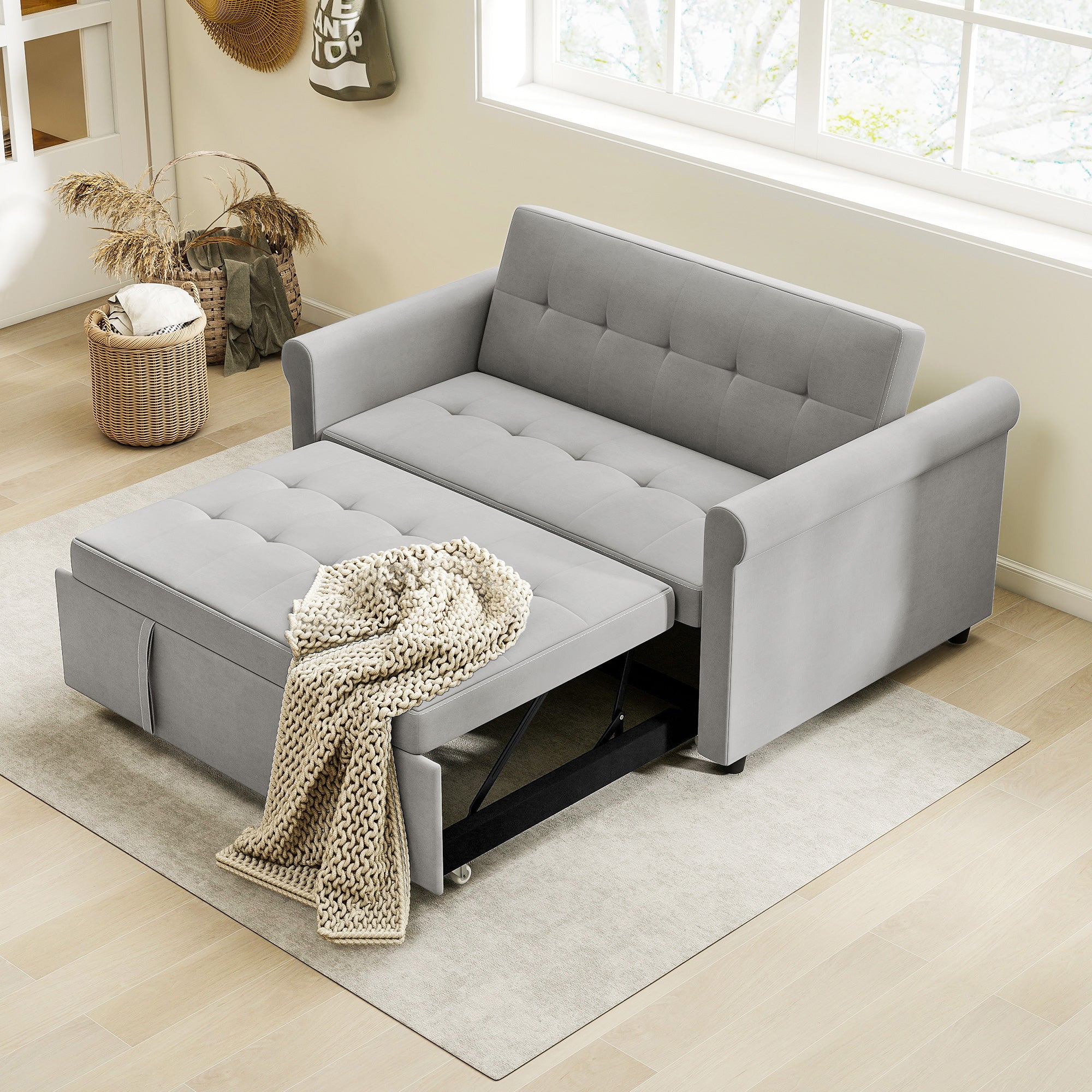 Fynco - Two-Seater Velvet-Feel Sofa Bed - Grey