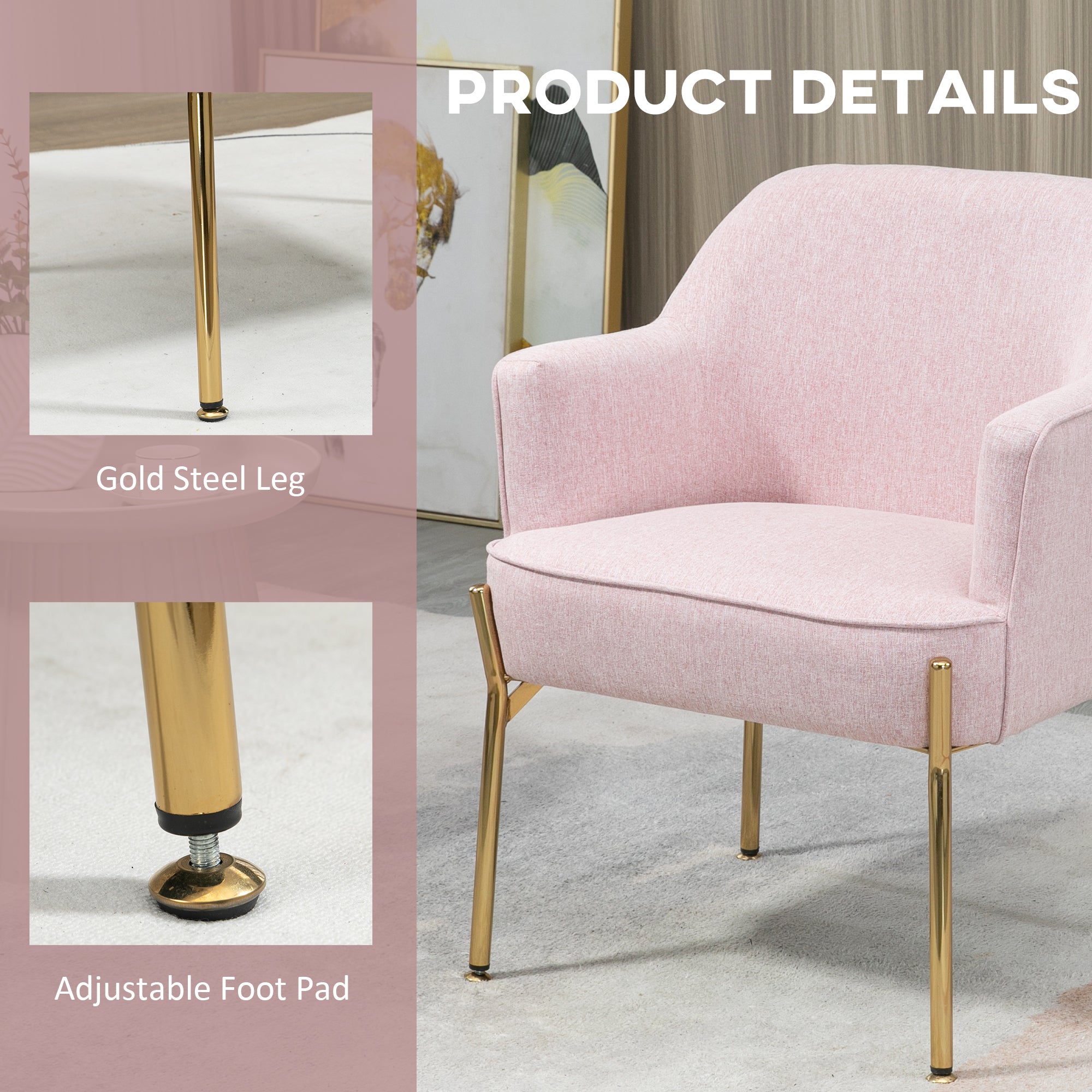 Accent Chair, Living Room Armchair, Vanity Chair with Gold Plating Metal Legs and Soft Padded Seat for Bedroom and Café, Set of 2, Pink