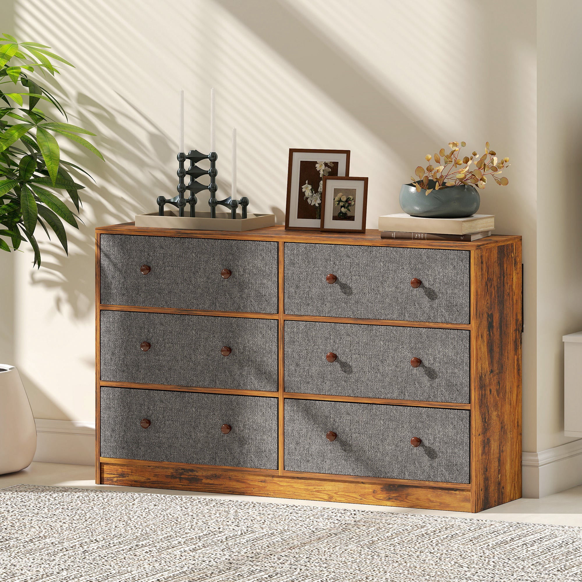Chest of Drawers, Dresser with 6 Fabric Drawers - Grey and Rustic Brown