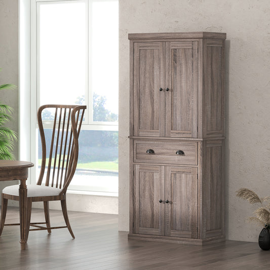 Freestanding Kitchen Cupboard, 184cm Tall Storage Cabinet with Doors and Shelves, Traditional Colonial 4-Door Kitchen Pantry Cupboard with Drawer, Dark Wood Grain