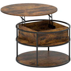Lift Top Coffee Table, Round Coffee Table with Storage Shelf, Hidden Compartment and Steel Frame for Living Room, Home Office, Brown