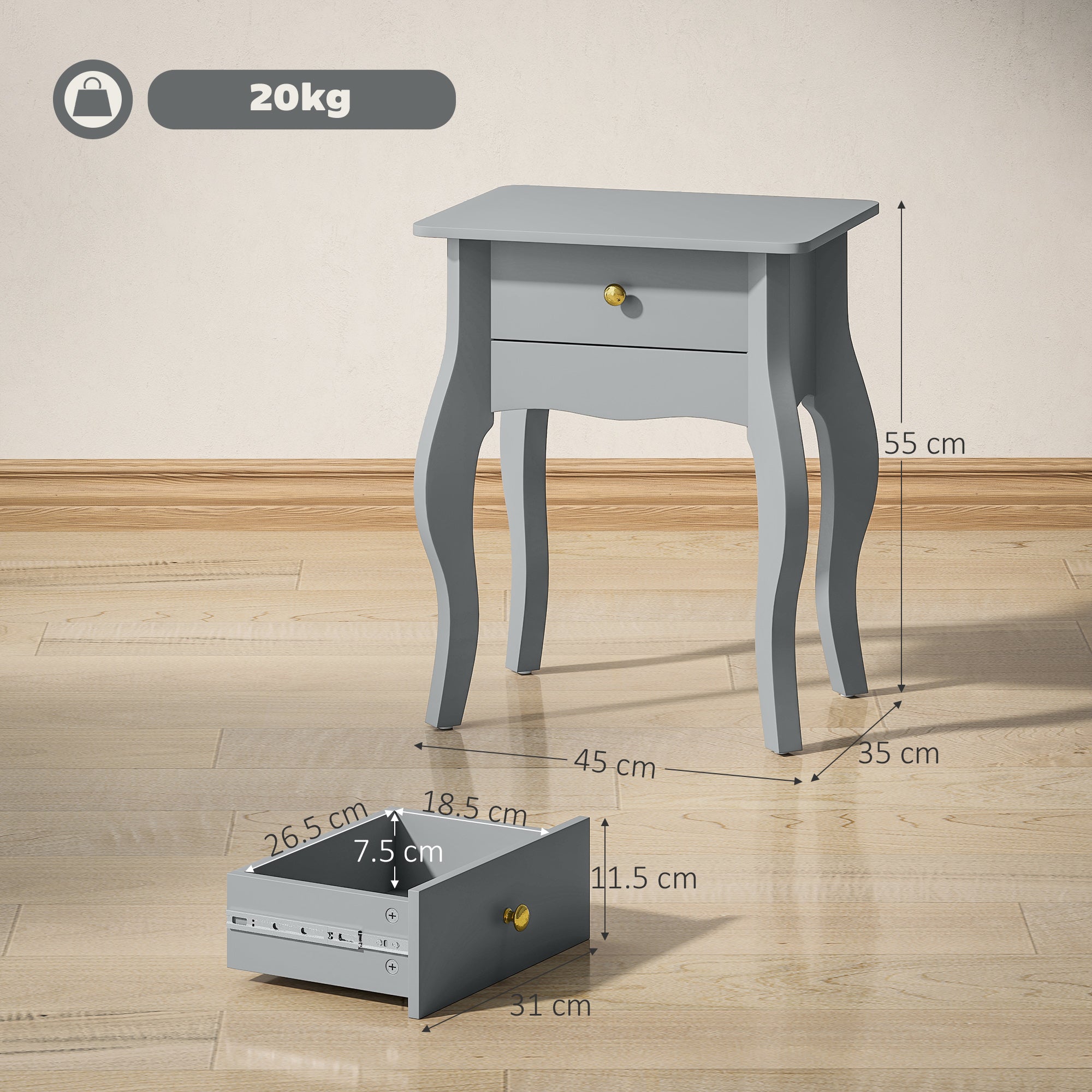 French Style Side Table with Drawer - Grey