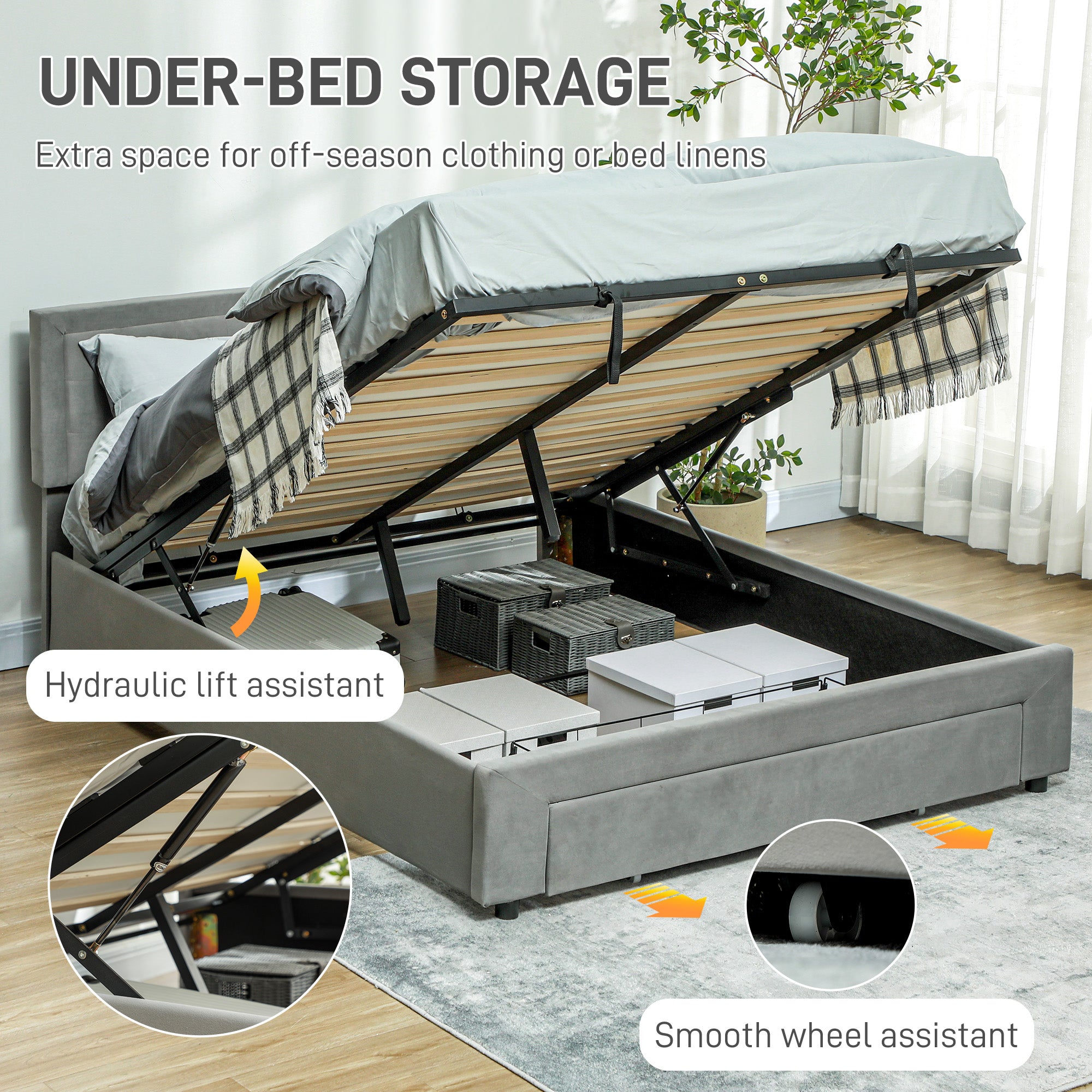 King Size Ottoman Bed Frame, with Front Drawer - Grey
