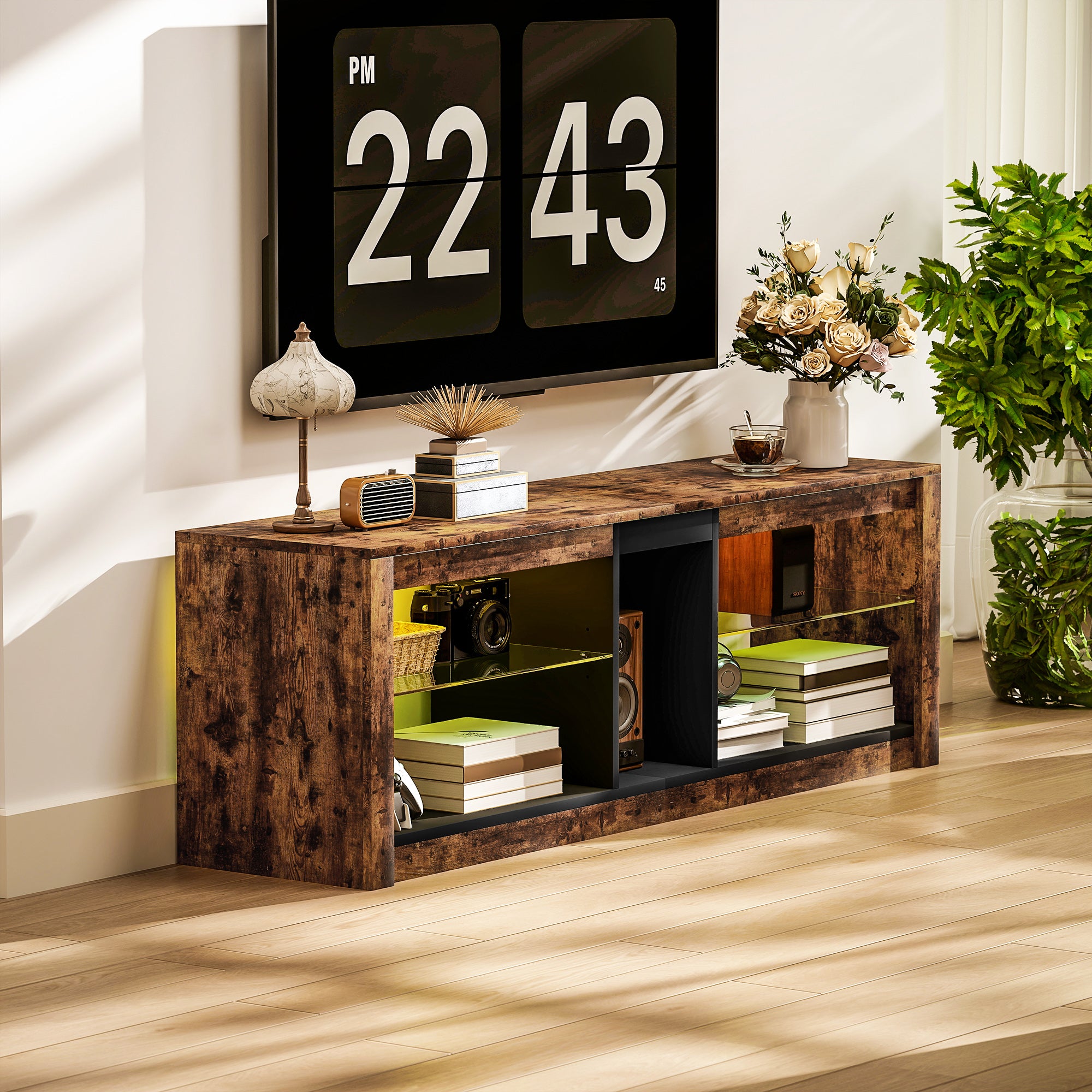 TV Stand Cabinet with LED Lights and Remote Control for TVs up to 65", Entertainment Centre with Storage Shelves and Compartment, Rustic Brown
