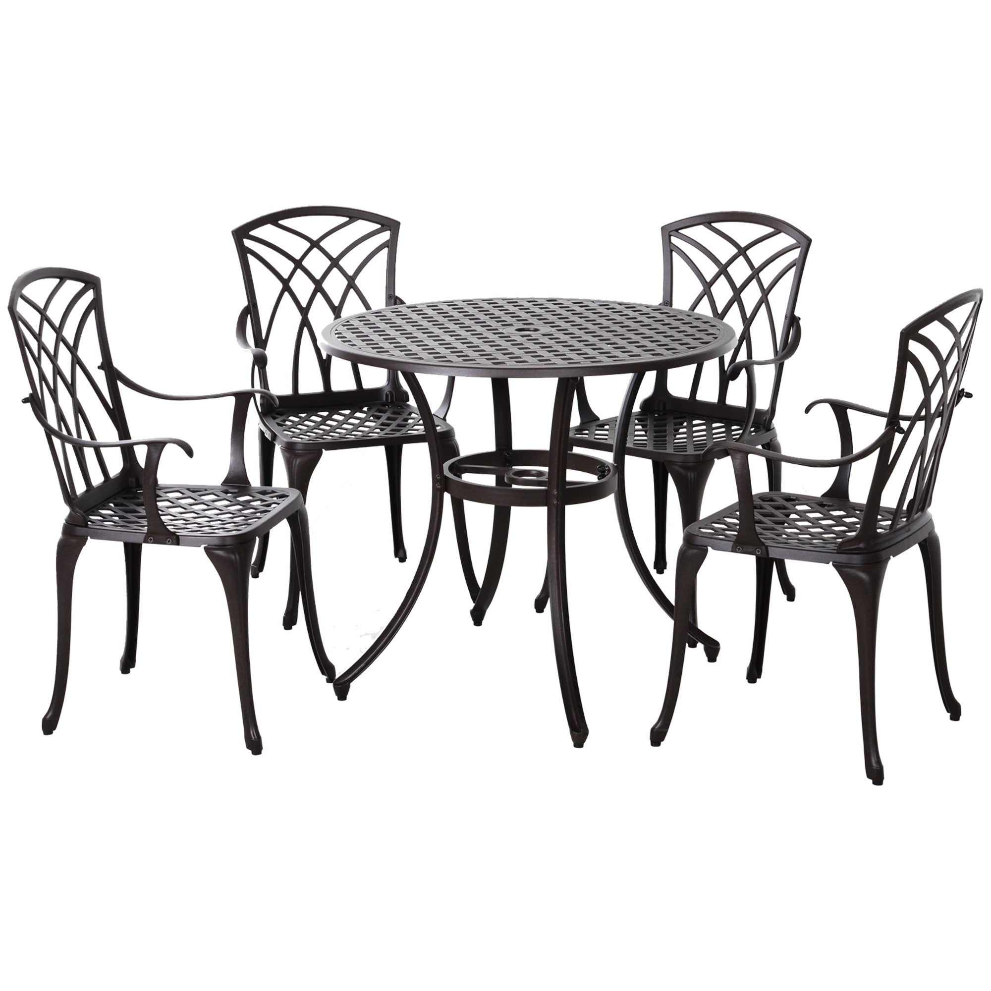 5 Pieces Garden Dining Set for 4, Cast Aluminium Outdoor Dining Set with 4 Armchairs and Round Dining Table with Parasol Hole, Garden Furniture Set, Brown