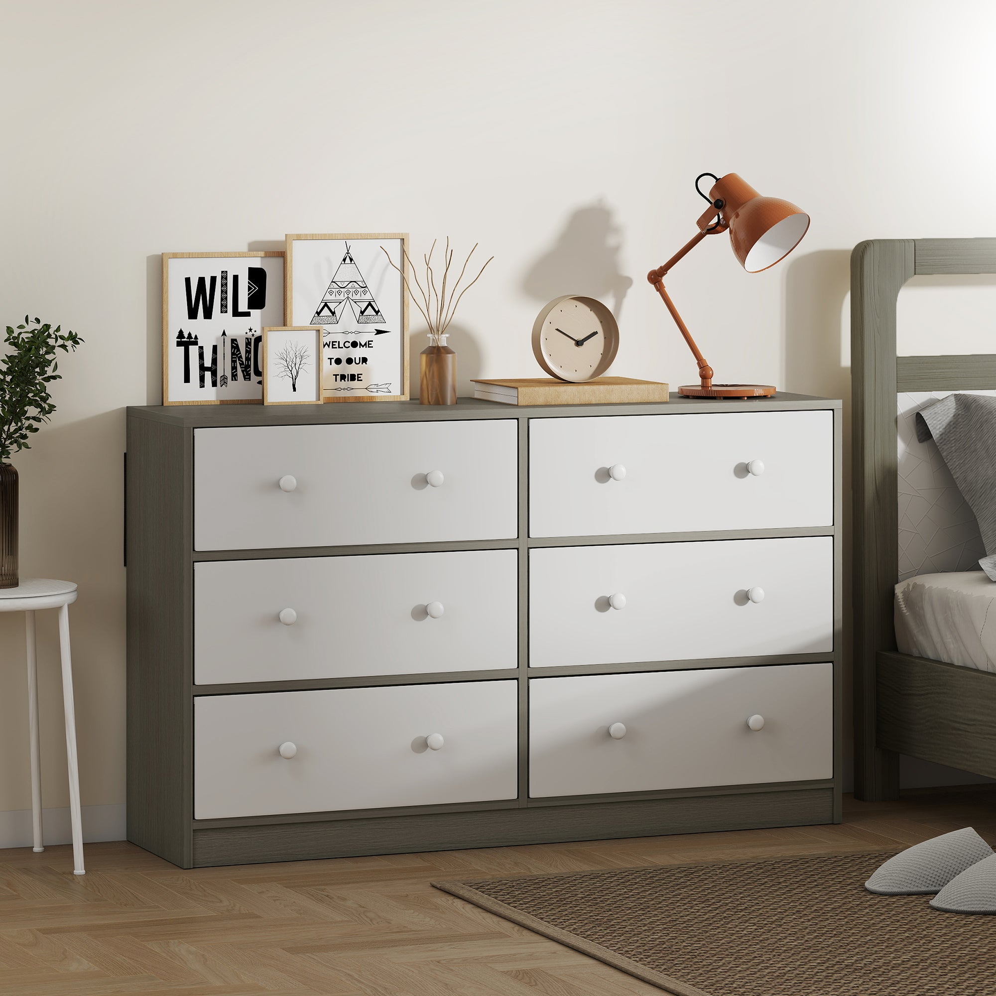 Chest of Drawers, Dresser with 6 Fabric Drawers - White and Grey