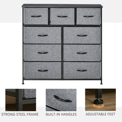 Nine Drawer Fabric Dresser - Grey