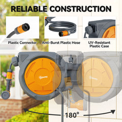 Fynco - Retractable Hose Reel Wall Mounted, 30+2m Garden Hose Pipe Reel with Lock, Auto Rewind, 7 in 1 Spray Nozzle, Includes Wall Fixings, 180° Swivel, Outdoor Watering, Orange