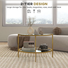 Round Coffee Table with Storage, 2-Tier Tempered Glass Coffee Table with Steel Frame for Living Room, Gold Tone