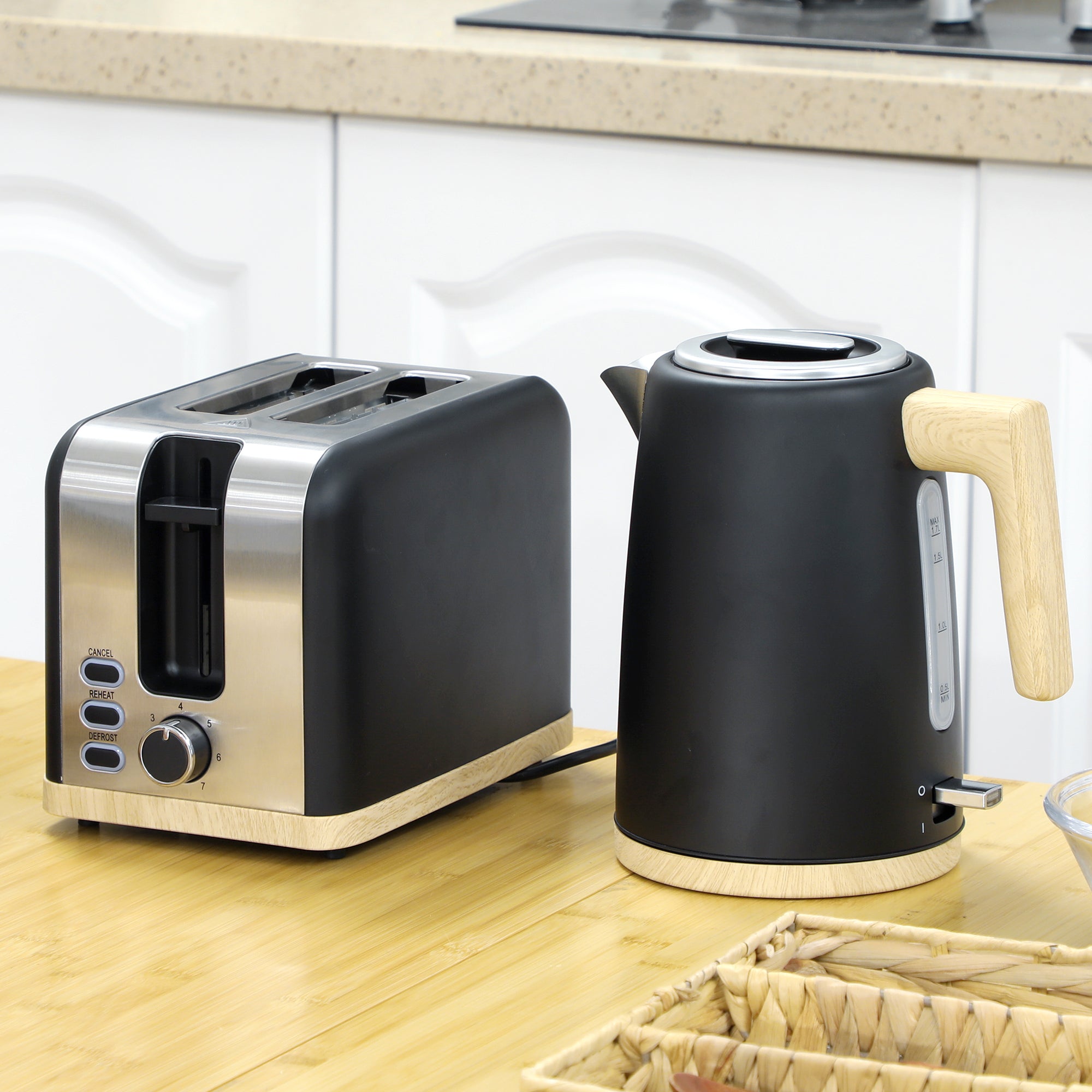 Kettle and Toaster Set, 1.7L 3000W Fast Boil Kettle & 2 Slice Toaster Kitchen Set with 7 Level Browning Controls, Defrost, Reheat, Auto Off, Boil-dry Protection, Black