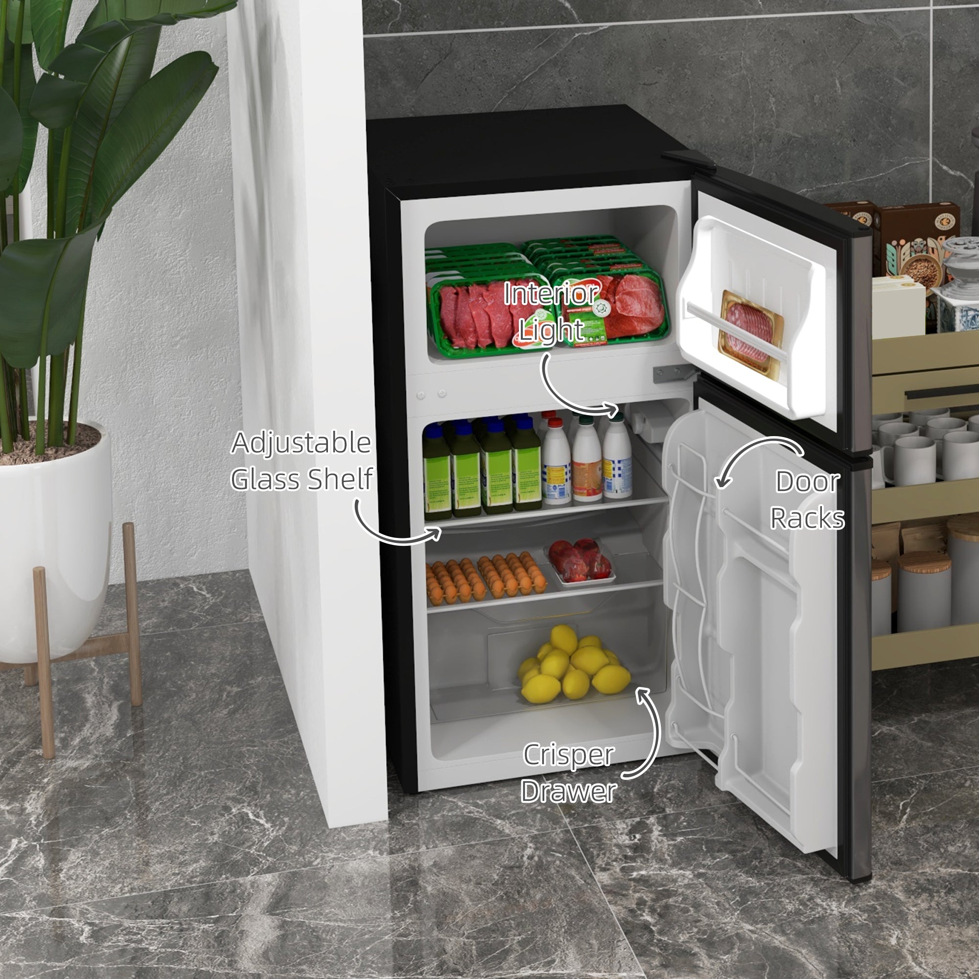 Fynco - 88L Under Counter Fridge Freezer, Small Refrigerator with 5-Setting, 3 Star Freezer Rating, Black and Silver Tone