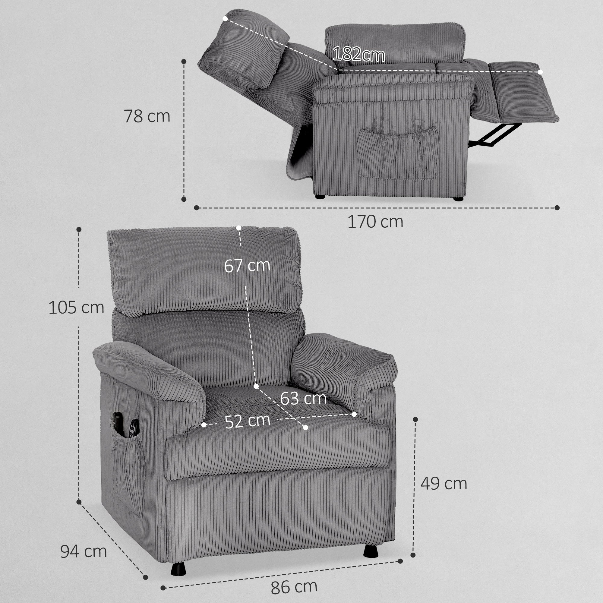 Fynco - Corduroy Electric Massage Recliner - Grey