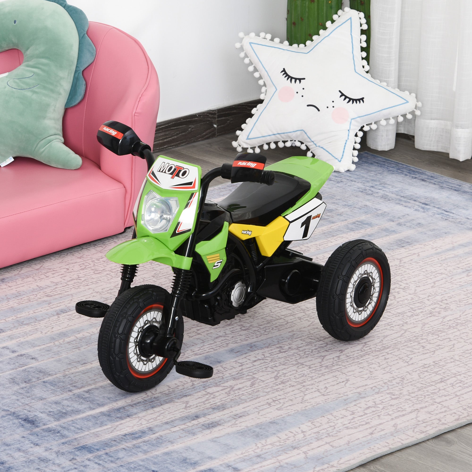 Toddler Pedal Motorcycle Kids Ride On Tricycle Early Learning w/ Music Lights Handlebar Stickers Exercise Boys Girls Gift for Kids 18 - 36 Months Green