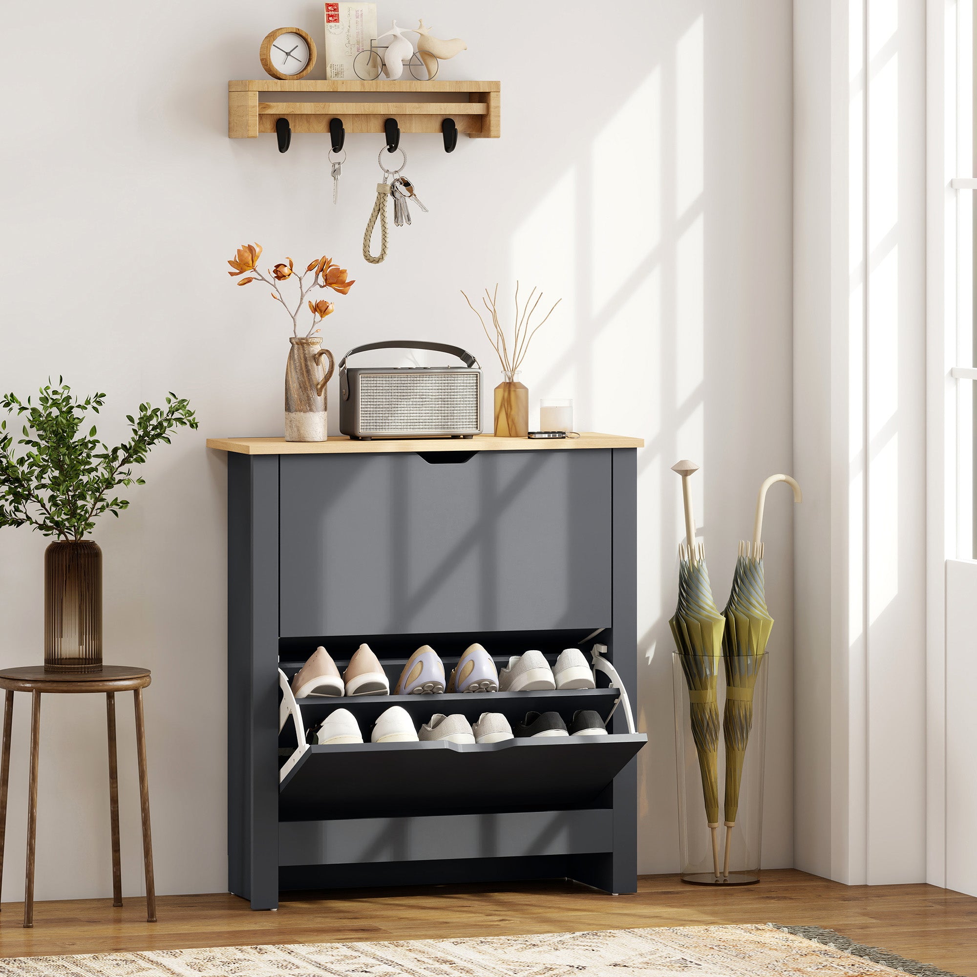 Fynco - Slim Shoe Cabinet, Narrow Shoe Cupboard with 2 Flip Drawers, Adjustable Shelves for 12 Pairs of Shoes, Charcoal Grey