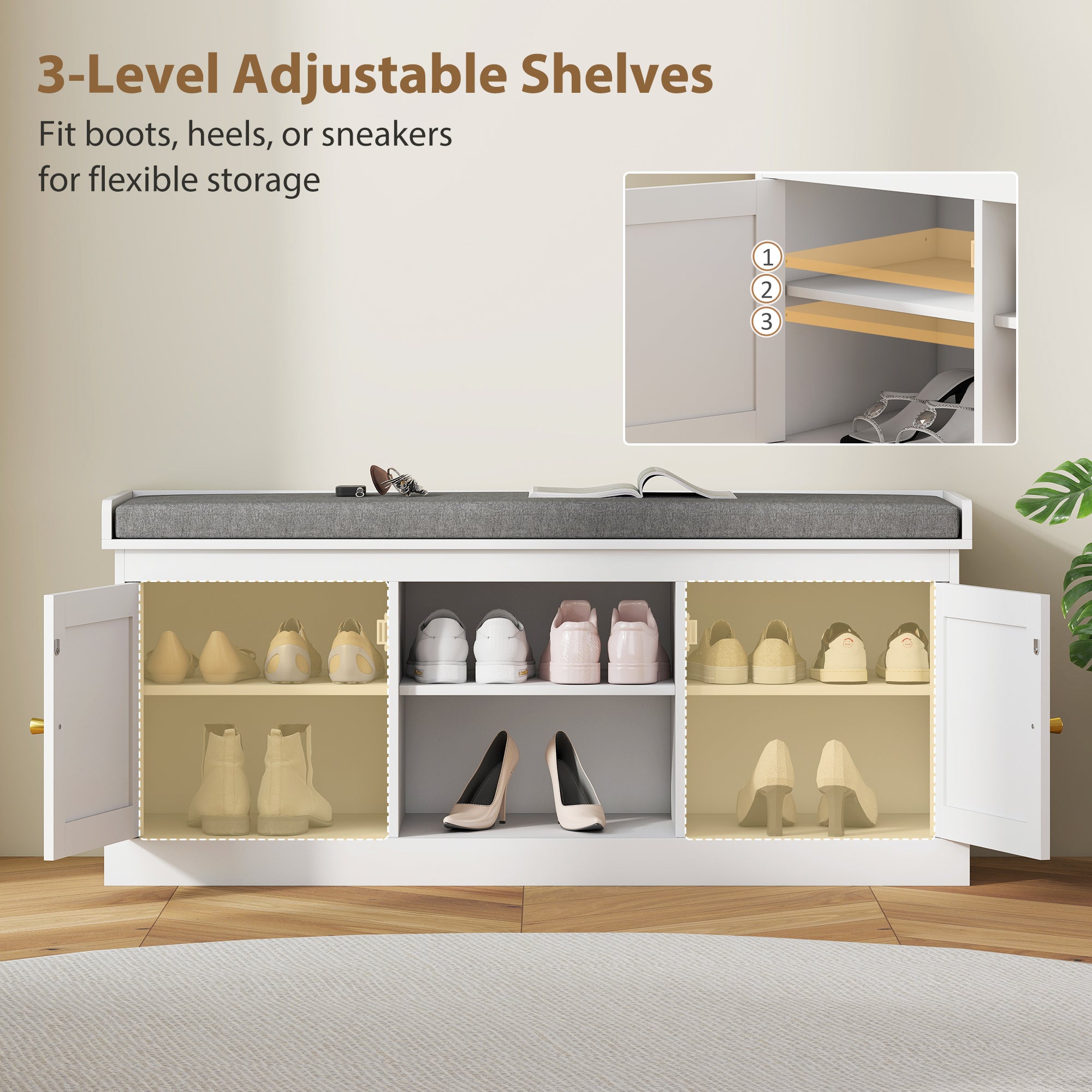 Fynco - Boho Shoe Storage Bench with Padded Cushion and Rattan Doors - White