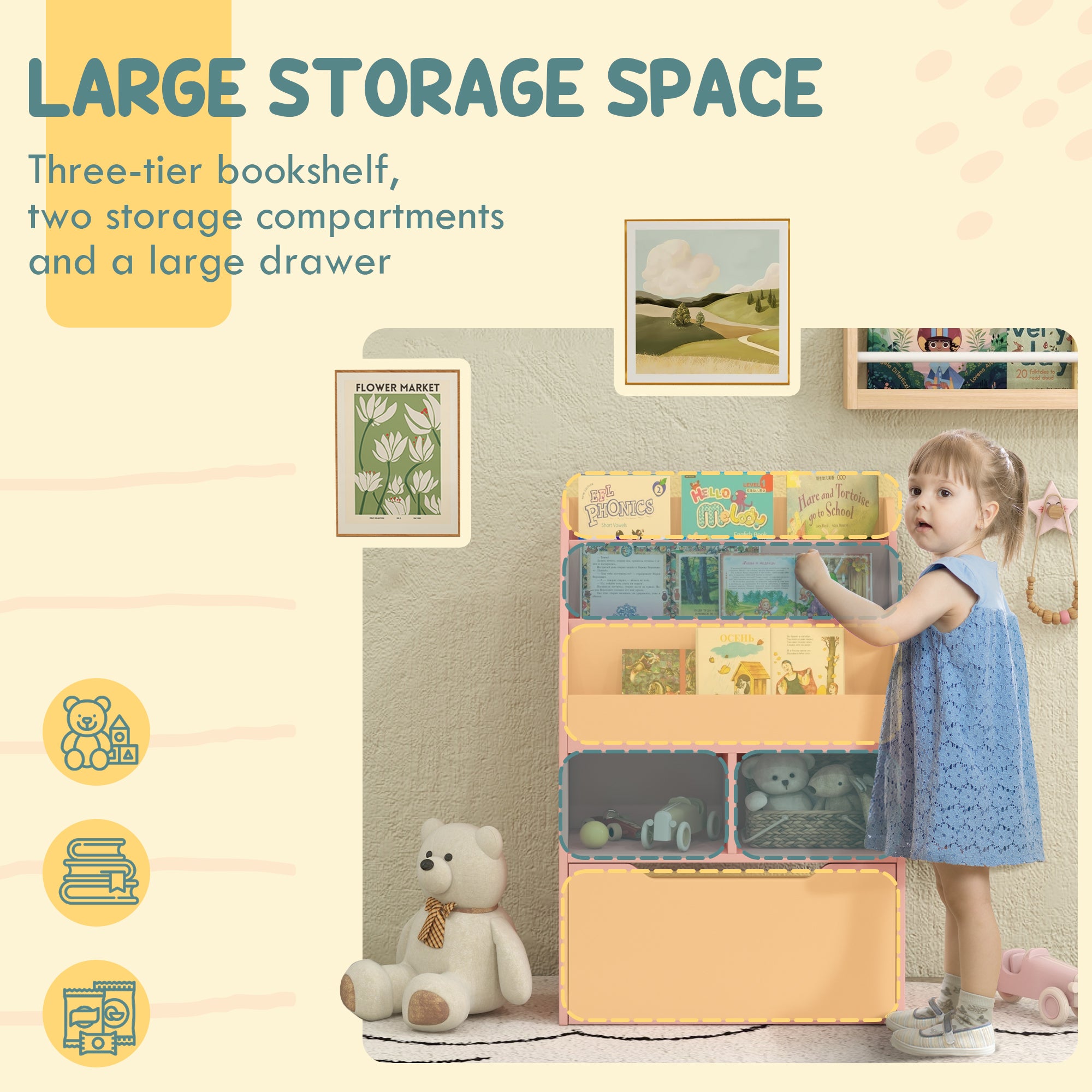 Kids Bookshelf, Toy Organiser, with Storage Drawer, Wheels - Pink