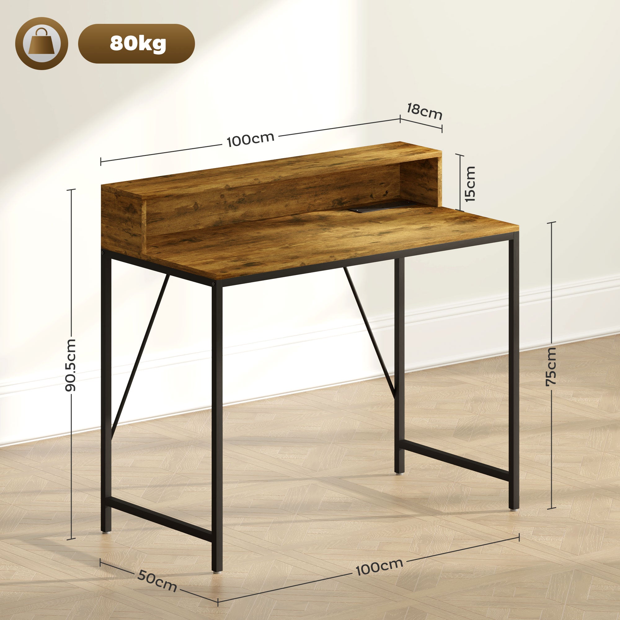 100cm Computer Desk with LED Lights and Power Outlets, Gaming Desk with Monitor Stand, Computer Table with Remote for Home Office Study, Rustic Brown