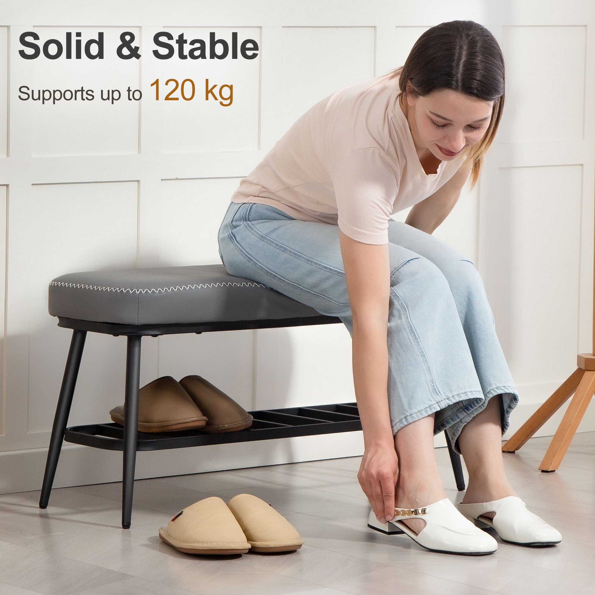 Fynco - PU Leather Shoe Storage Bench - Grey