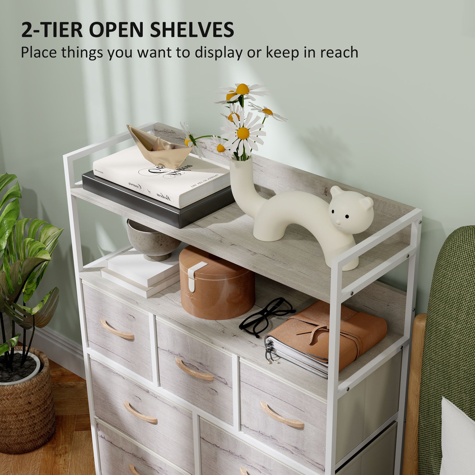 Rustic Chest of Seven Fabric Drawers - Natural Wood Finish