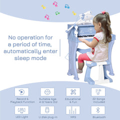 37 Keys Kids Piano Mini Electronic Keyboard Light Kids Musical Instrument Educational Game Children Grand Piano Toy Set w/Stool & Microphone & Music Stand (Blue)
