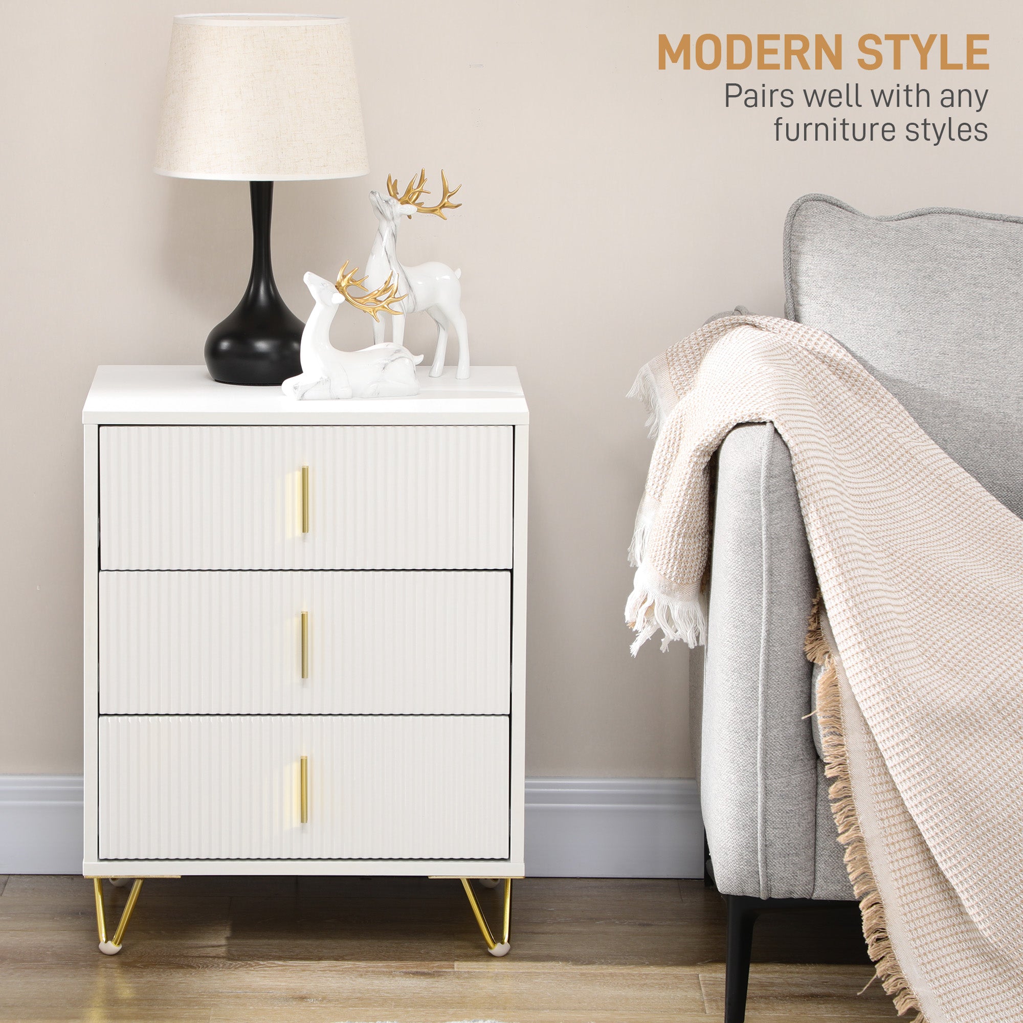 Set of 2 Elegant Chest of Three Drawers - White/Gold-Tone
