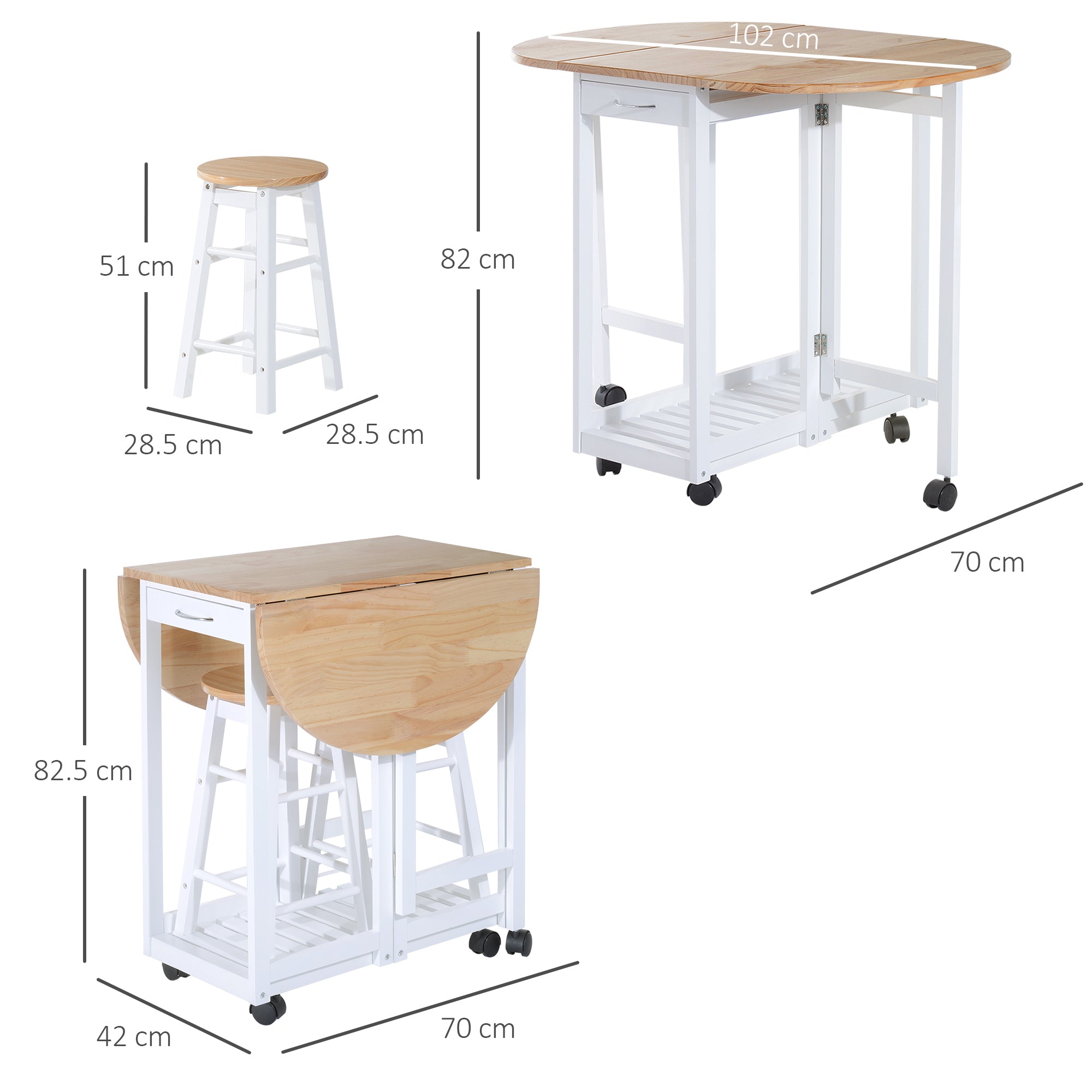 3 Pieces Dining Room Set, Mobile Foldable Dining Table and 2 Stools with Storage Shelf, 2 Drawers and 6 Wheels, Drop Leaf Bar Table and Stools for Home Kitchen Pub, White