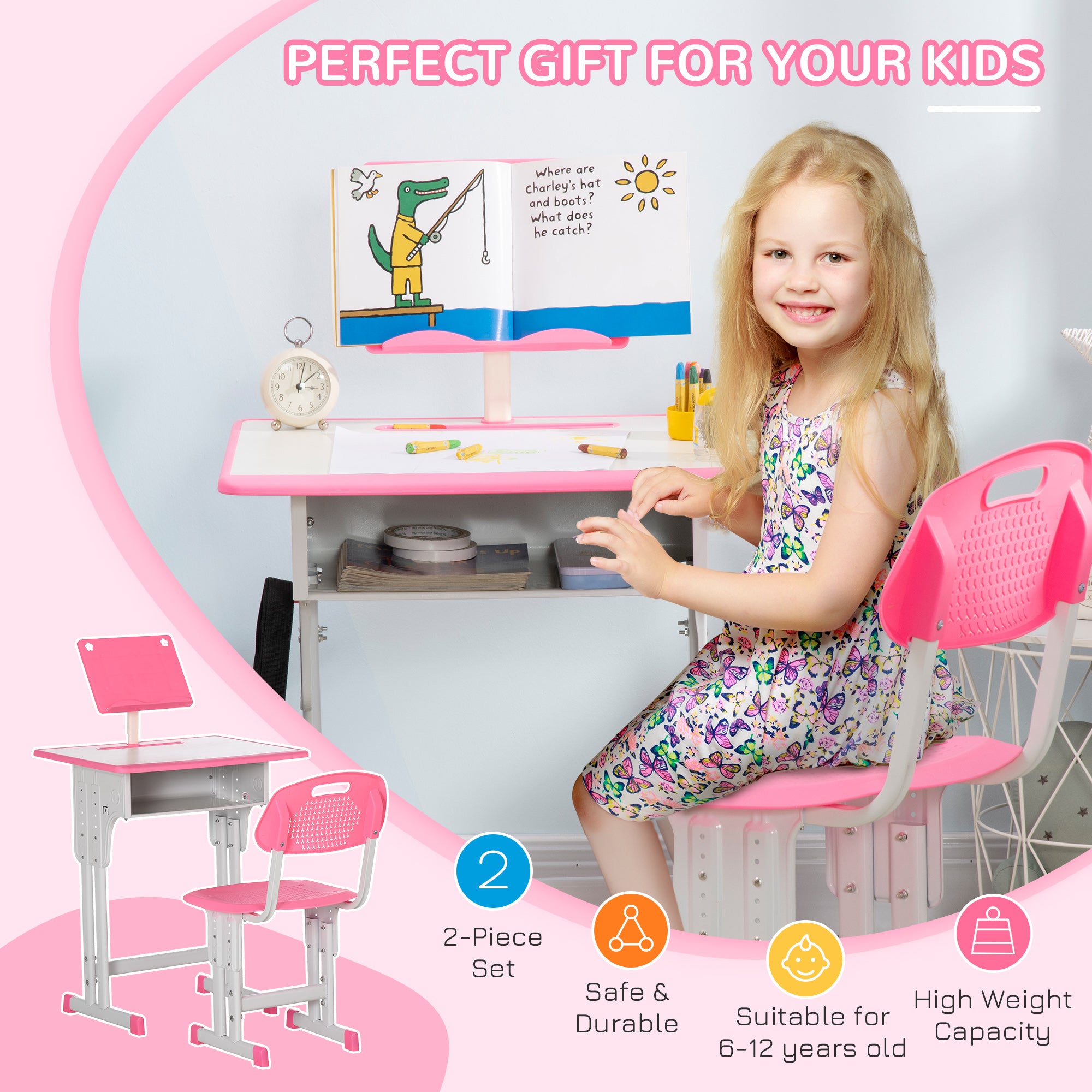 Kids Adjustable Desk and Chair Set, Book Stand, Pen Slot - Pink