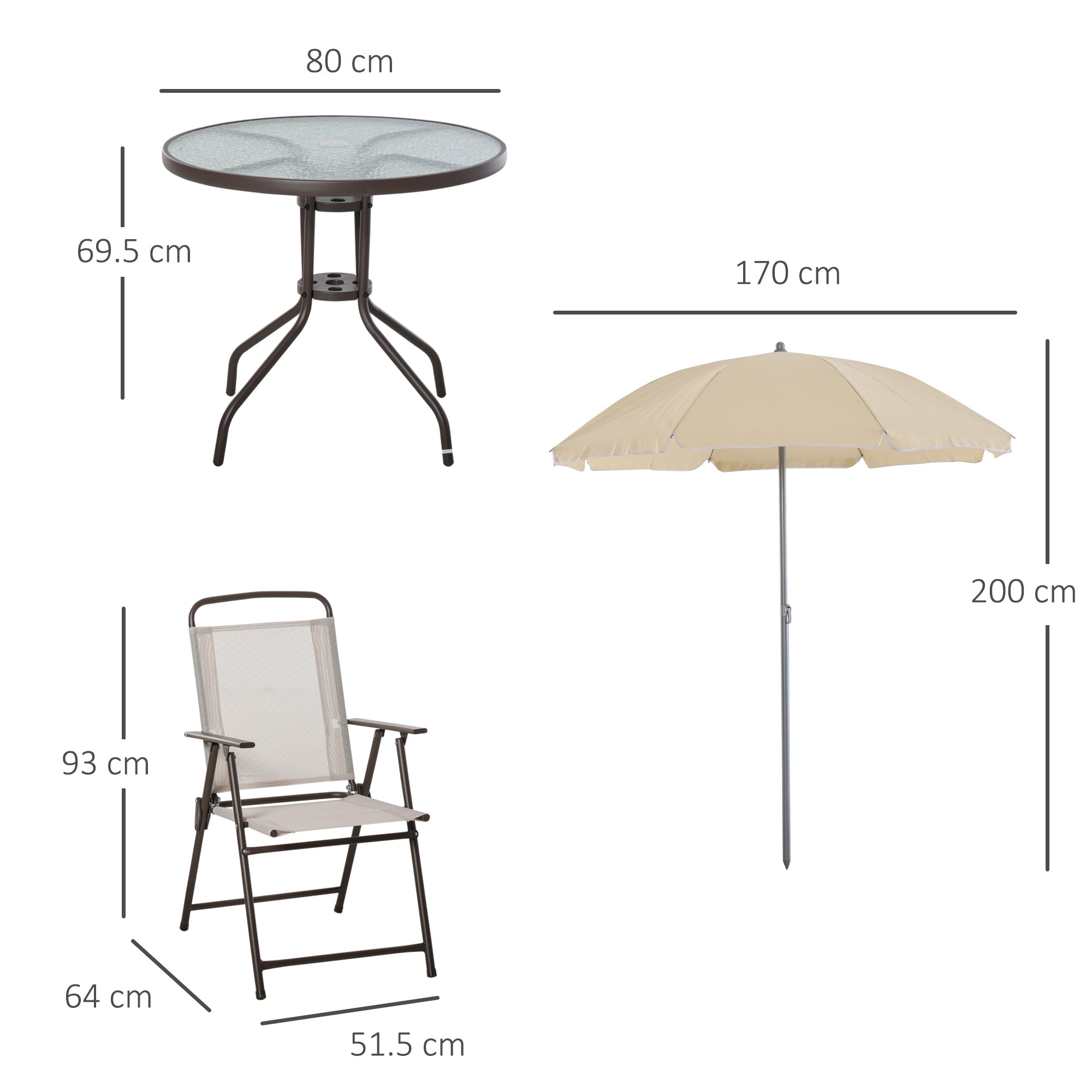 Garden Patio Texteline Folding Chairs Plus Table and Parasol Furniture Bistro Set 6 Pieces - Coffee/Cream