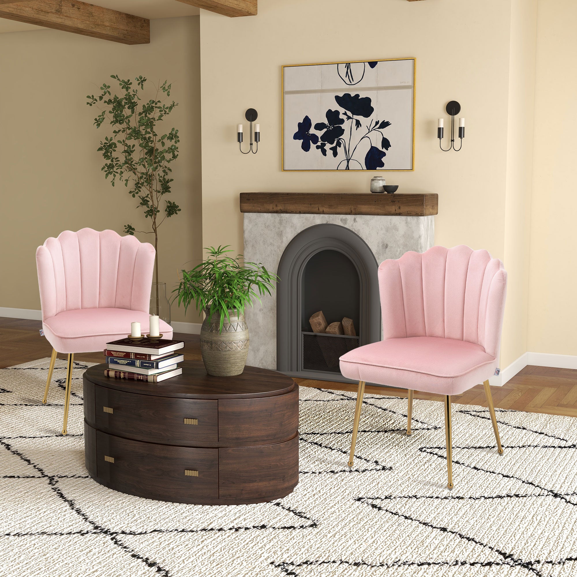 Shell Dining Chairs Set of 2, Upholstered Kitchen Chairs with Gold Metal Legs and Backrest, Velvet Fabric Lounge Leisure Chairs for Living Room, Reception Room, Pink