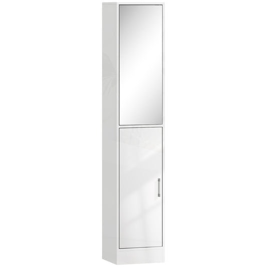 kleankin Tall Bathroom Cabinet with Mirror and Adjustable Shelf - High Gloss White
