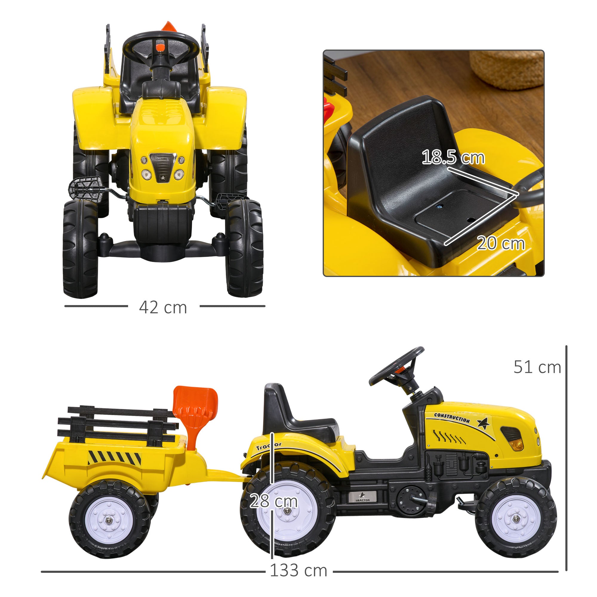 Kids Ride on Tractor with Back Trailer, Shovel & Rake, Horn, Four Wheels Tractor Toy for Child Toddler