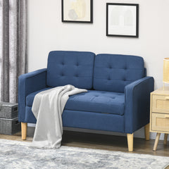 Modern Loveseat Sofa, Compact 2 Seater Sofa with Hidden Storage, 117cm Tufted Cotton Couch with Wood Legs, Blue