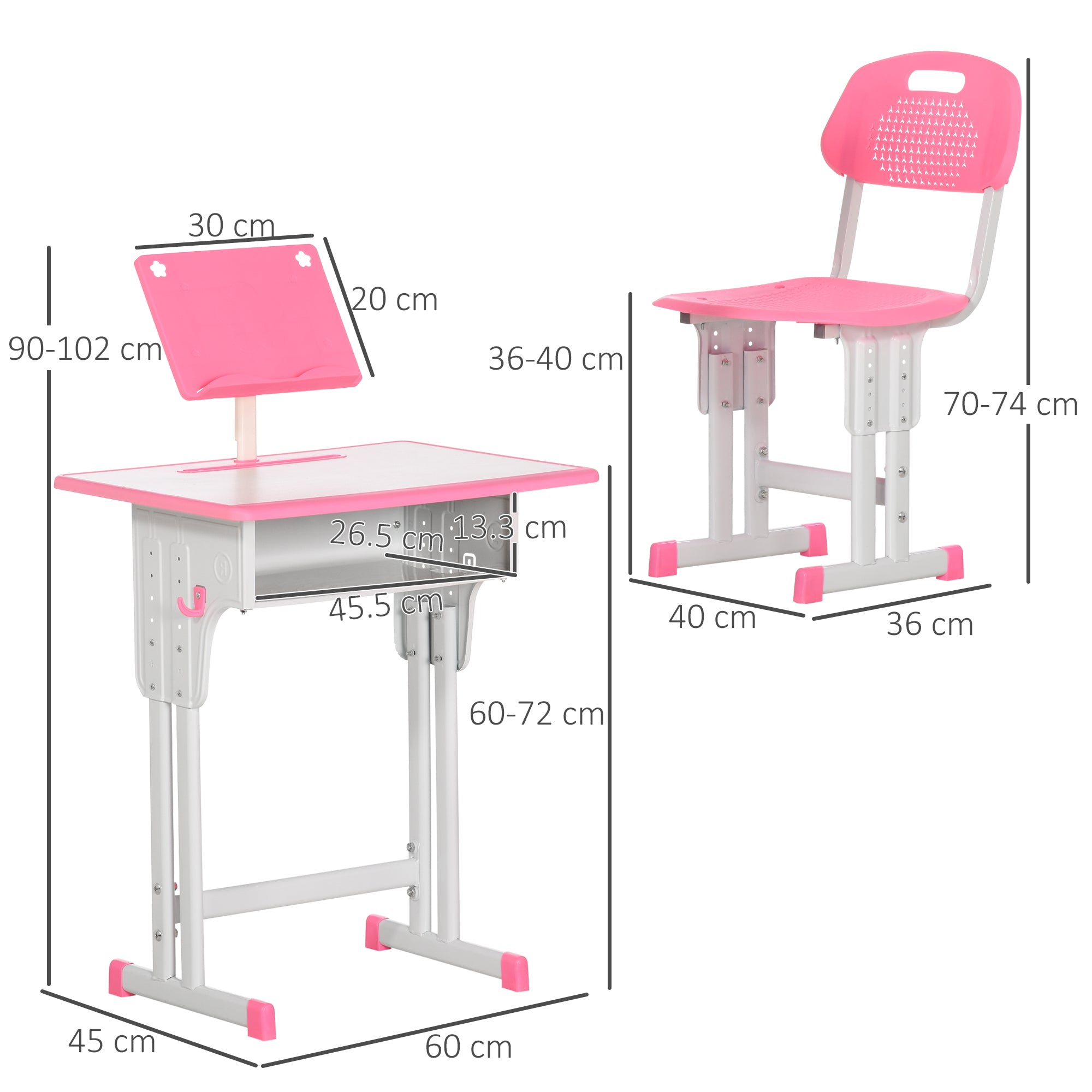 Kids Adjustable Desk and Chair Set, Book Stand, Pen Slot - Pink
