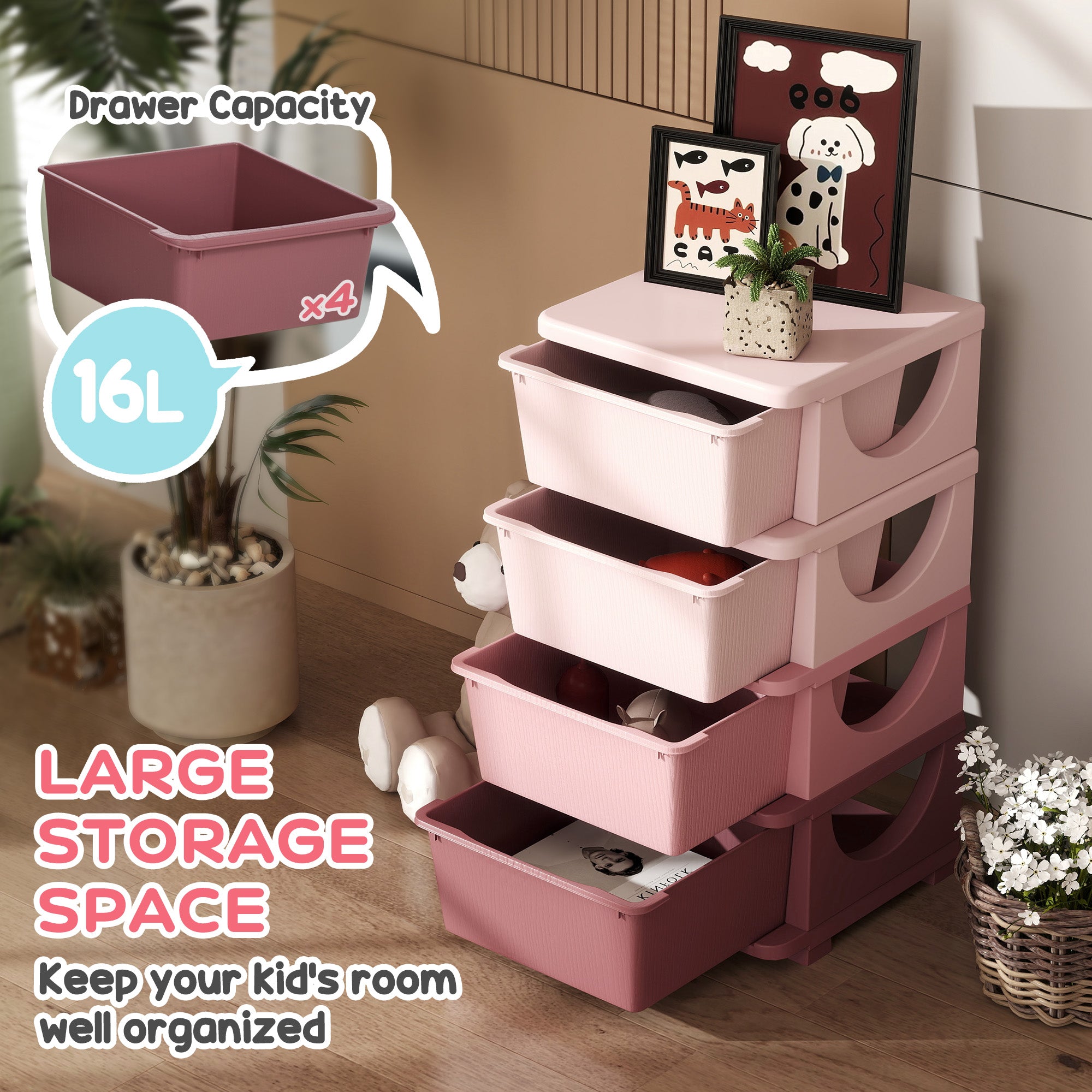 Fynco - Four-Tier Kids Storage Boxes, with Four Drawers, Pink