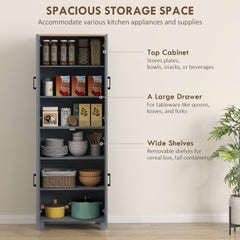 Freestanding Kitchen Cupboard, 4-Door Storage Cabinet with Adjustable Shelves, Modern Kitchen Pantry for Dining Room, 170cm, Grey Wood Effect