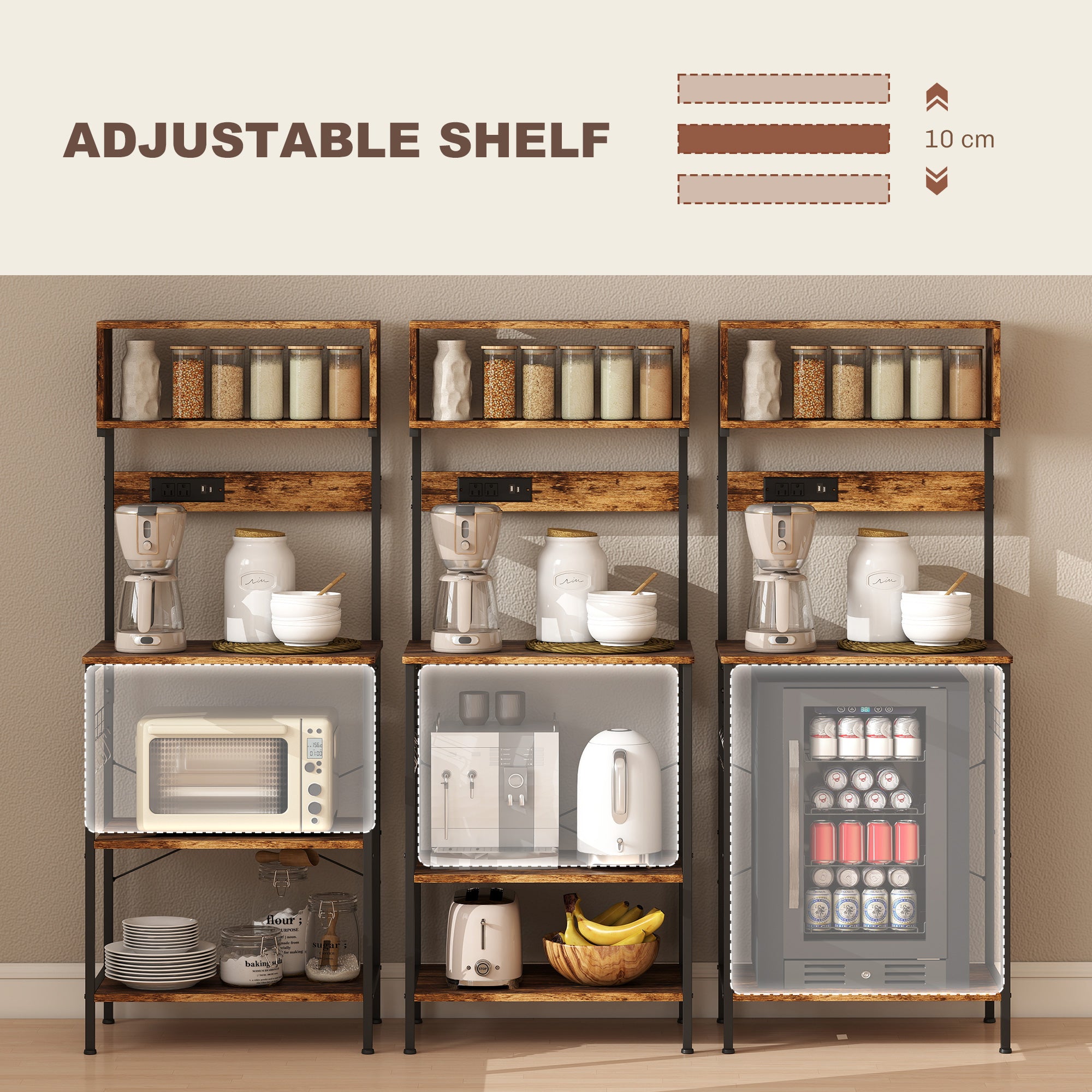 Fynco - Bakers Rack with Power Outlet, USB Charger, Microwave Stand with Adjustable Shelves, 5 Hooks for Small Spaces, Kitchen Storage Unit for Spices, Pots and Pans, Rustic Brown